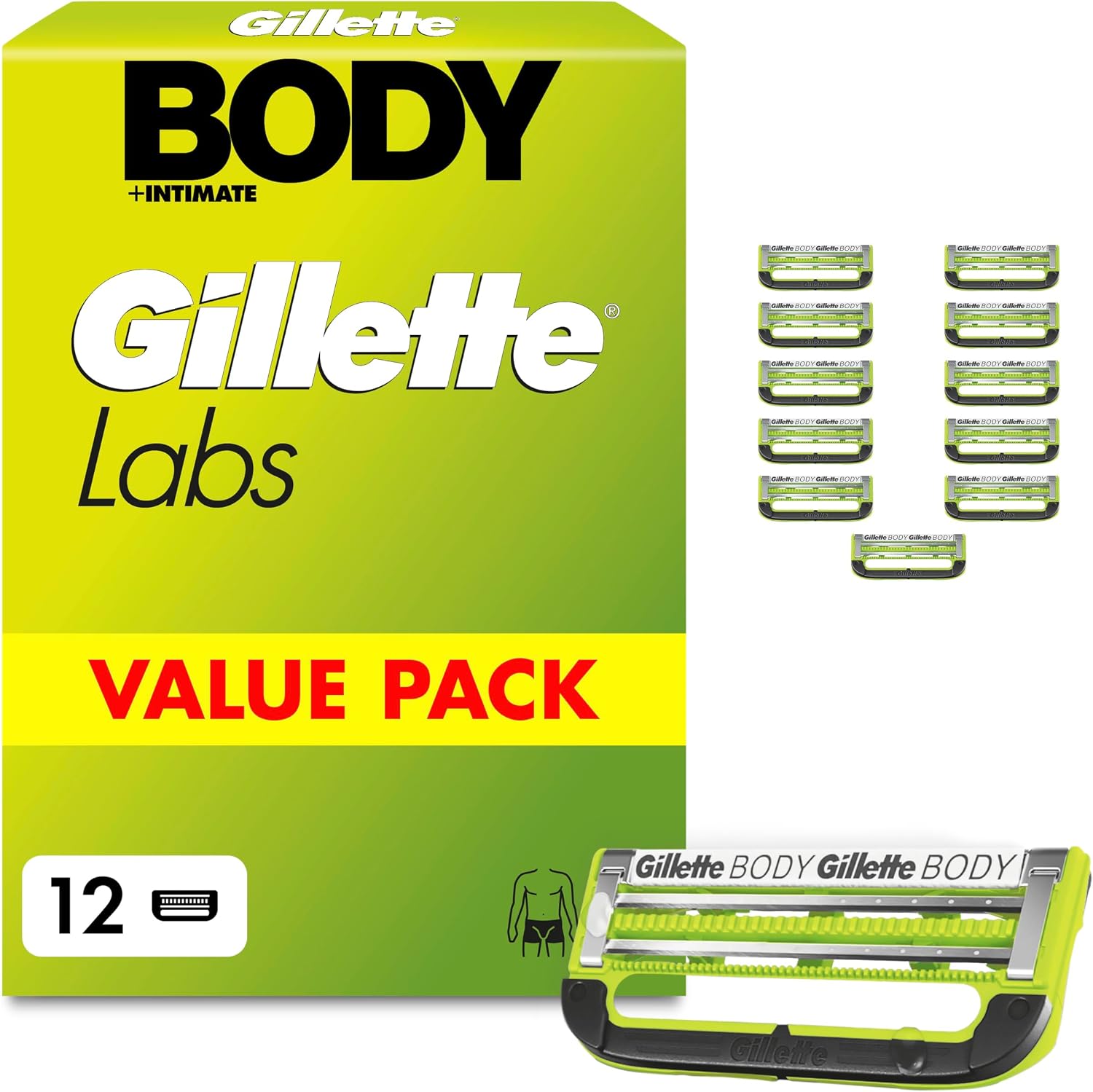 Gillette Labs Body & Intimate Rasierklingen, 12 Original Ersatzklinge, Grün