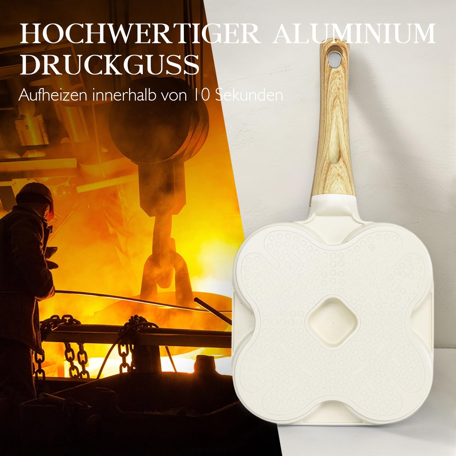 Spiegeleipfanne, 3-Loch Omlettenpfanne, Granit-Antihaftbeschichtung, PFOS/PFOA-Frei Eierpfanne für Gebratenes Frühstück/Eier/Wurst/Speck, Weiß