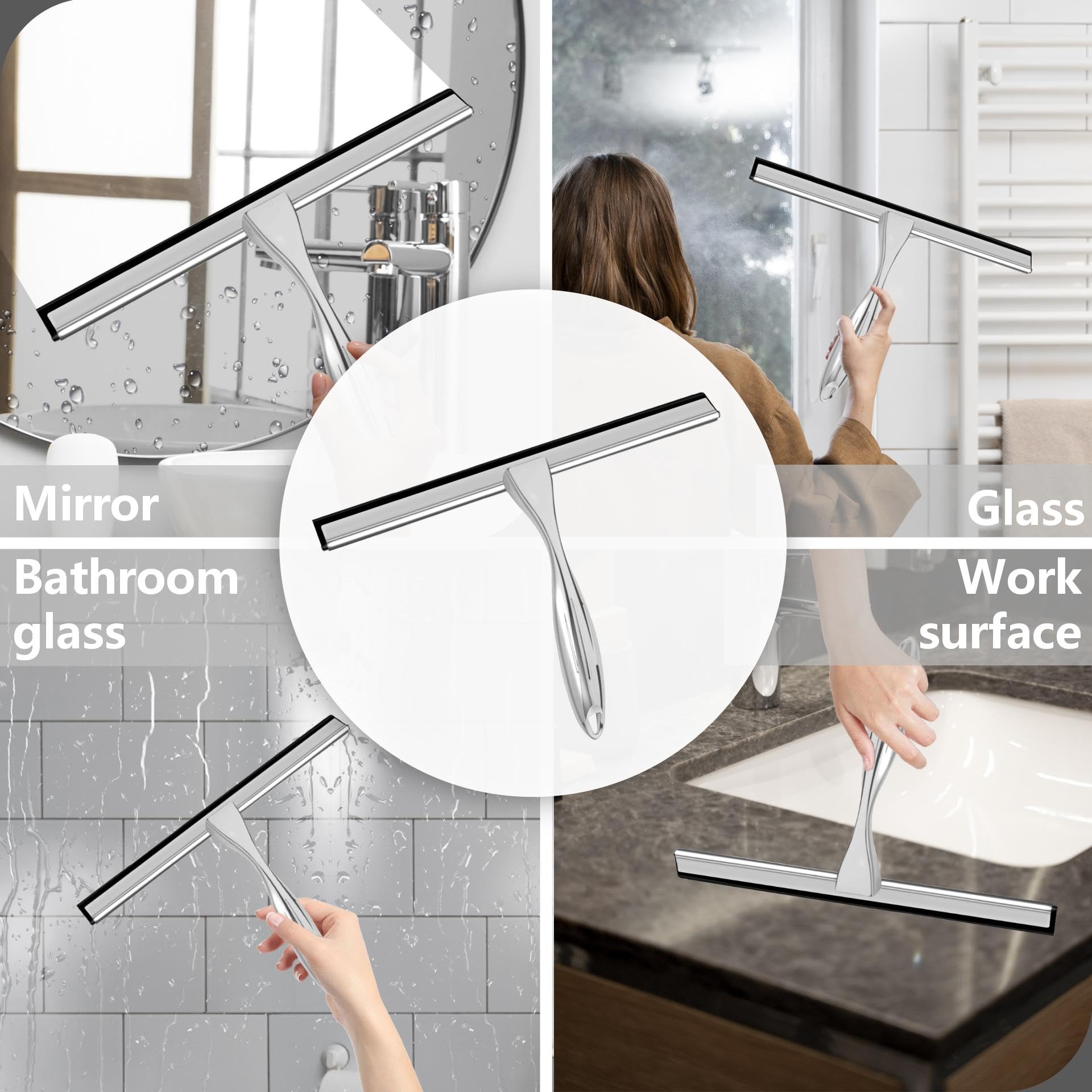 Duschabzieher Mit Selbstklebe Haken & Ersatzklingen, Silber Abzieher Dusche, rutschfest Kurzer Handgriff Glaswischer, Glas Wasserschieber, Duschwand Abzieher