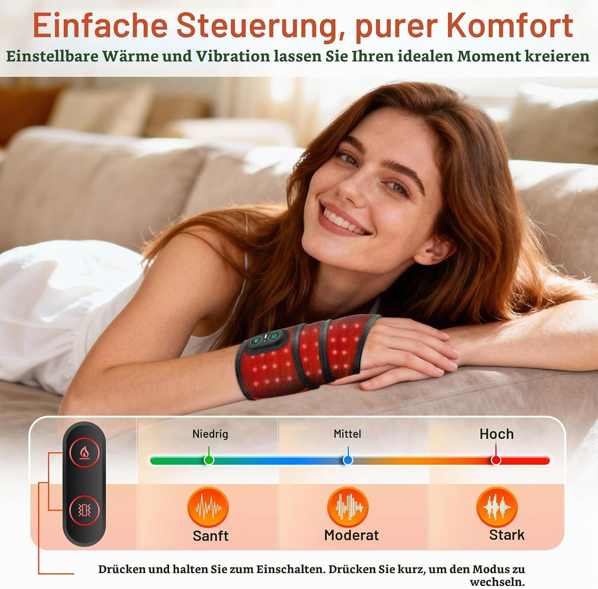 Kabellose Handgelenk-Heizbandage Mit Vibration, Tragbare Heiz-Handgelenkstütze Mit 660nm Rotem Licht, 3 Heizstufen, 3 Vibrationsmodi, Eingebauter 3000mAh-Akku, Geeignet Für Frauen Männer, 69cm Länge