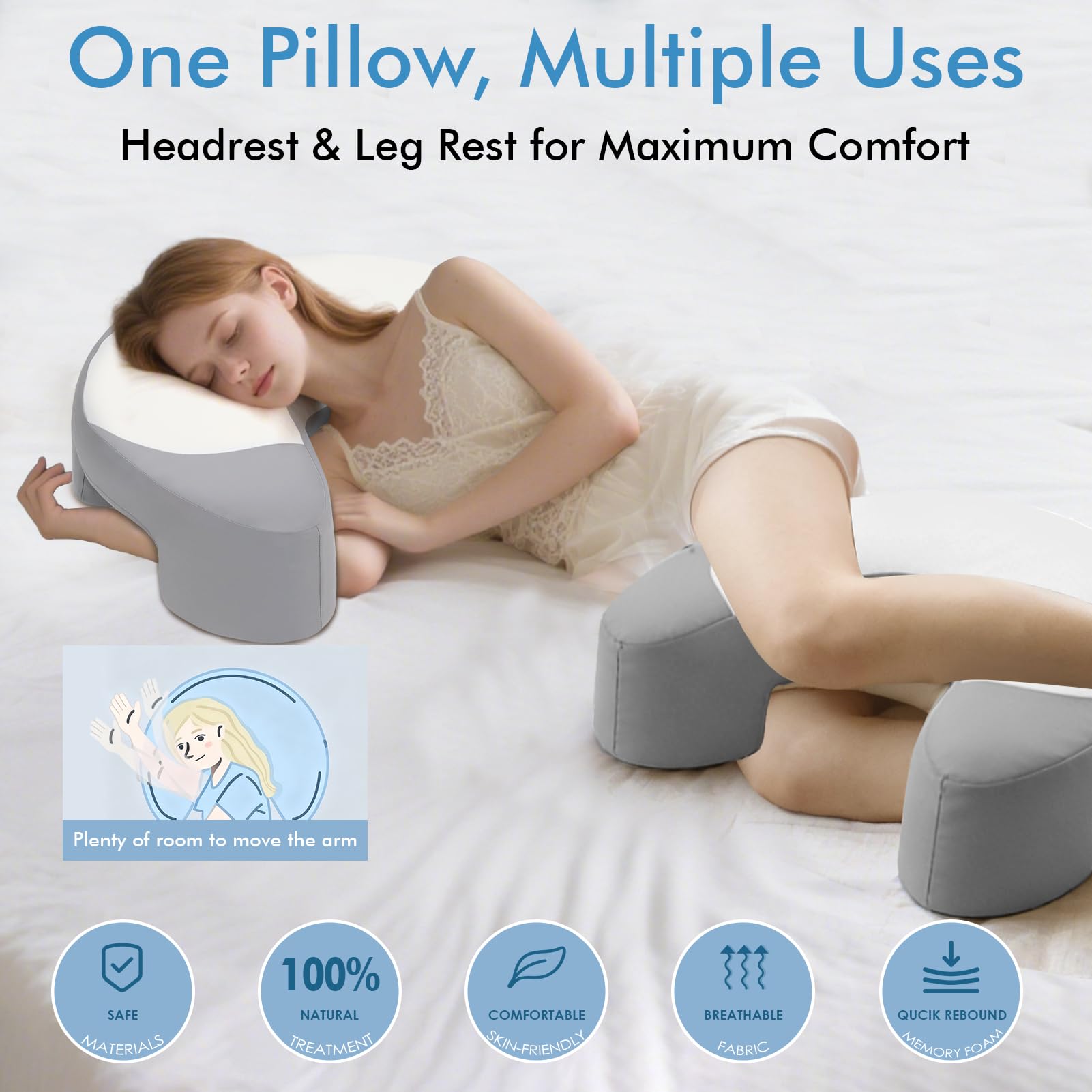 Seitenschläferkissen mit Armloch & Seidigem Kühlbezug, Ergonomisches Memory Foam Nackenkissen für Druckentlastung, Orthopädisches Kopfkissen mit Eisseide-Gewebe für Schulter & Arm