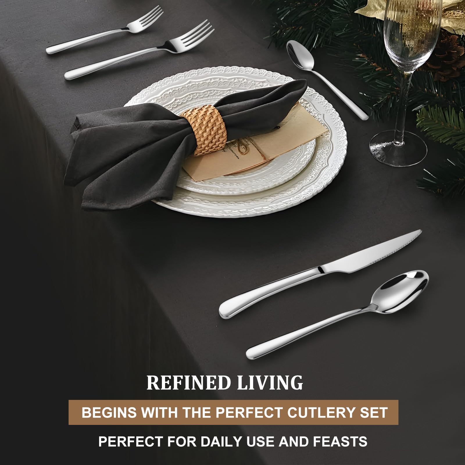 Besteck Set Schwarz für 8 Personen, 48-teiliges Edelstahlbesteckset mit Steakmesser, elegantes Besteck mit Messer, Gabel, Löffel, Besteck für Küche/Restaurant