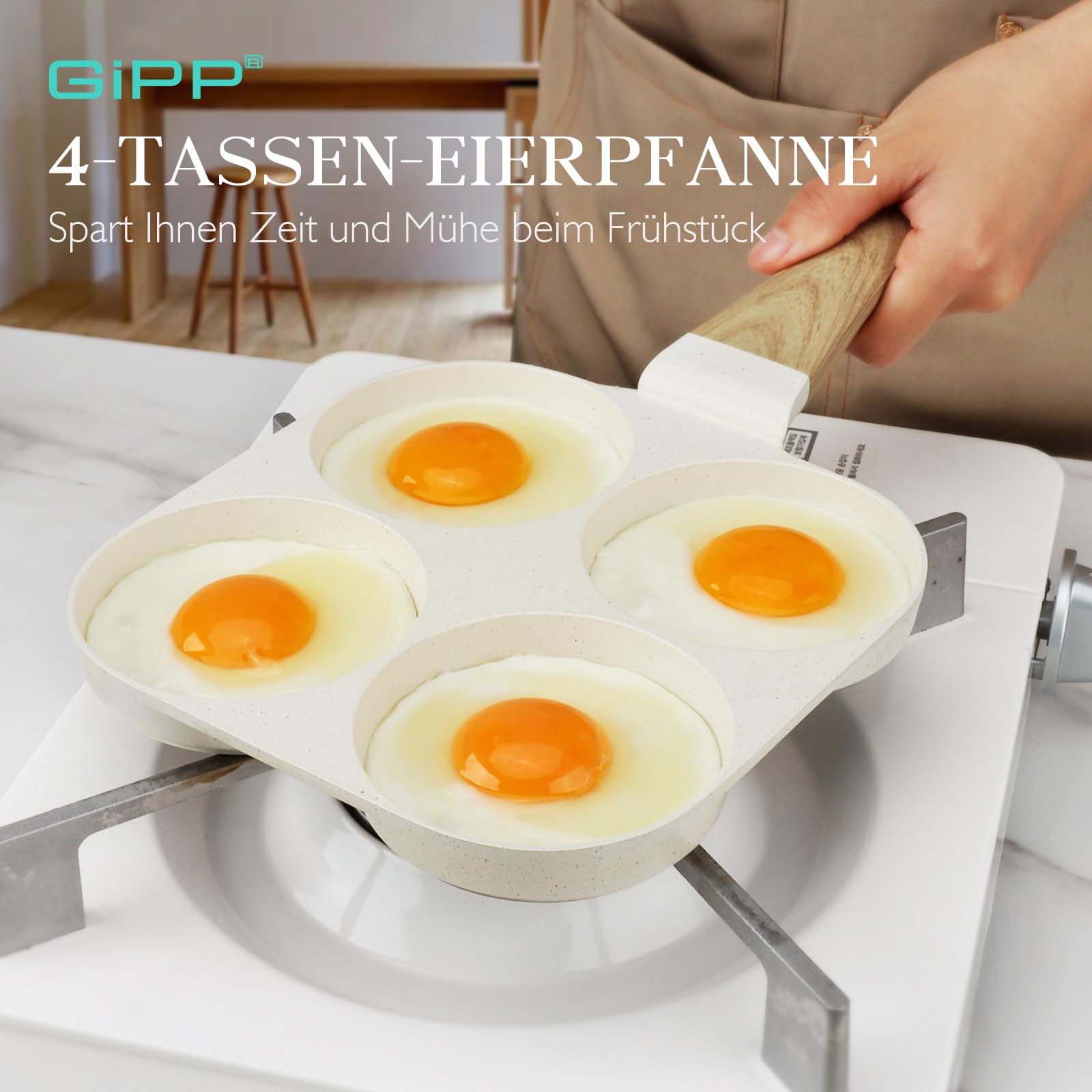 Spiegeleipfanne, 3-Loch Omlettenpfanne, Granit-Antihaftbeschichtung, PFOS/PFOA-Frei Eierpfanne für Gebratenes Frühstück/Eier/Wurst/Speck, Weiß