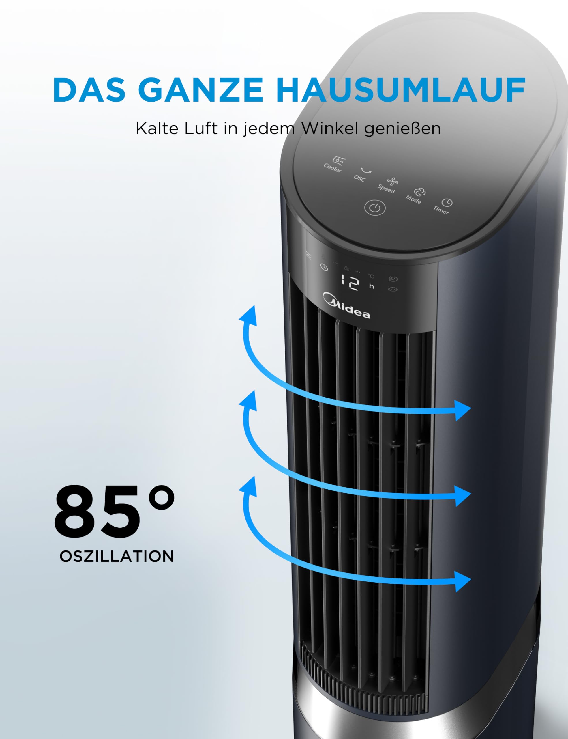 4-in-1 Mobile Klimaanlage Leiser:Luftkühler,Turmgebläse,Luftbefeuchter und Luftreiniger,mit Fernbedienung,5L Wassertank,355m³/h Luftdurchsatz,55W,LED-Display,Timer,Weiß