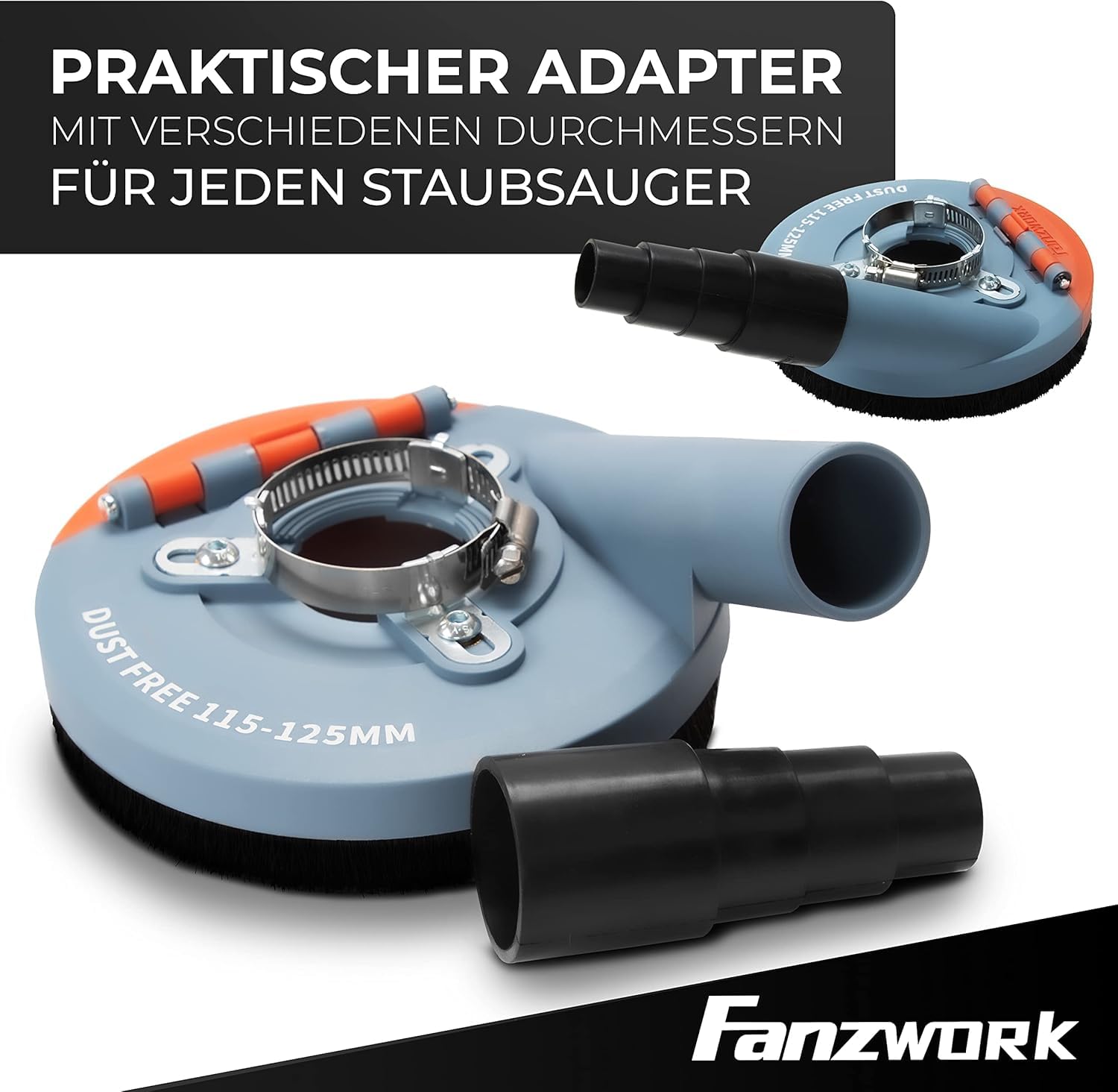 Absaugaufsatz Absaughaube für Winkelschleifer inkl. 125 mm Diamantschleiftopf PROFI QUALITÄT – Bürsten auswechselbar – 99% universal passend – verstärkter Adapterring – M14 Adapter