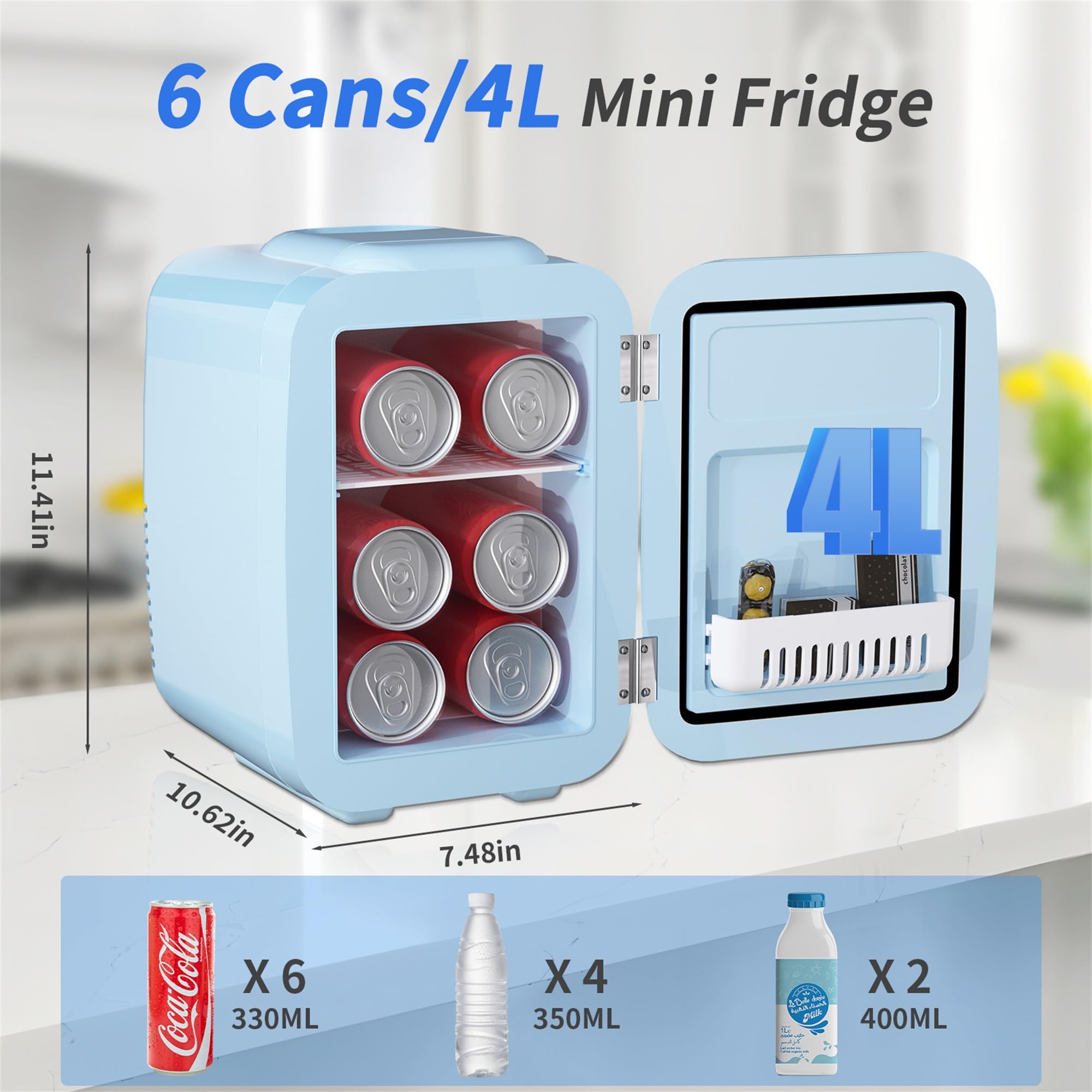 Mini Kühlschrank, 4 Liter Mini-Kühlschränke für Kosmetik, Getränke, 220V AC/ 12V DC Thermoelektrische Kühlung und Erwärmung, Kleiner Kühlschrank für Schlafzimmer, Büro, Wohnheim, Auto