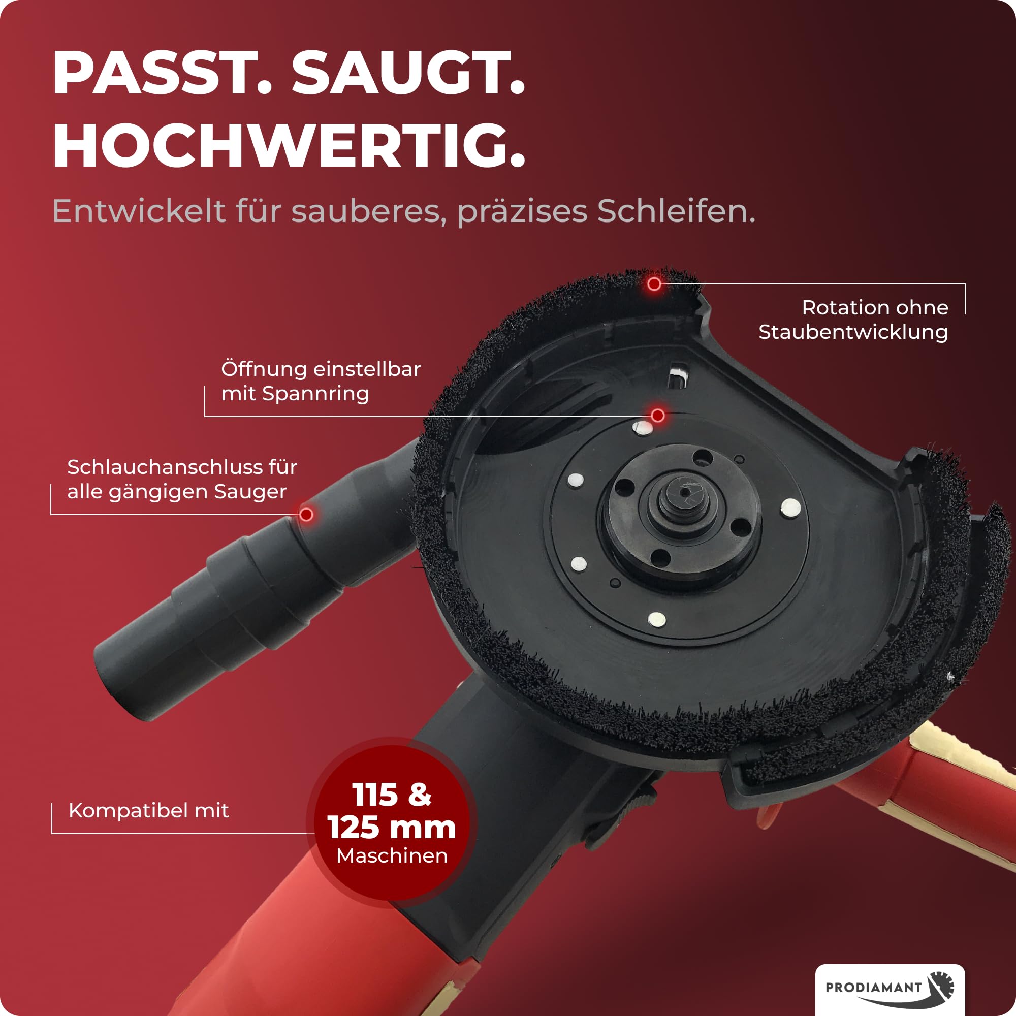 Absaughaube für Winkelschleifer - mit Bürstenkranz - Staubfreies Arbeiten - Premium-Werkzeug mit Diamant-Schleiftopf - 125mm