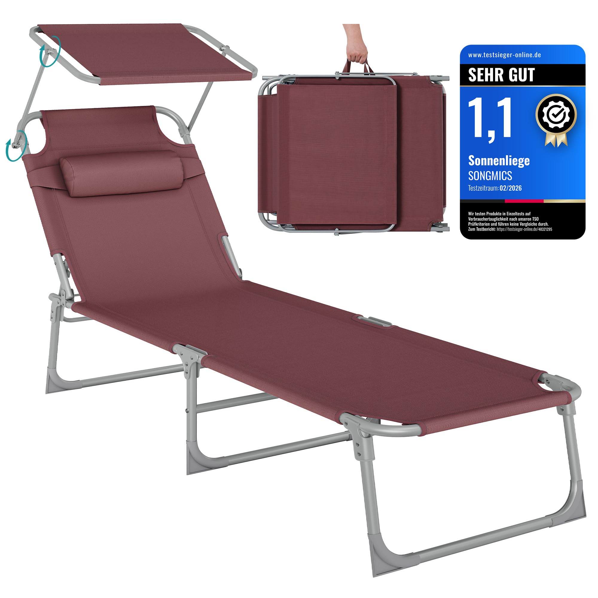 Sonnenliege, klappbarer Liegestuhl, 193 x 53 x 29 cm, trägt bis zu 150 kg, Sonnenschutz, Kopfkissen, verstellbare Rückenlehne, für Garten, Pool, Terrasse