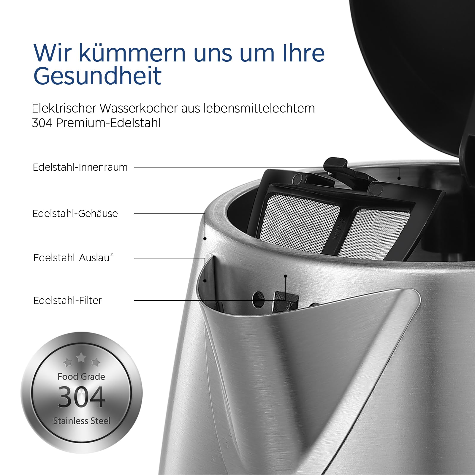 Edelstahl-Kessel mit Temperatureinstellung, 45°C - 100°C, 1,5 Liter, 2200 W Wasserkocher weiß, Teebereiter mit Temperaturanzeige und Sicherheitsfunktionen, BPA-frei, Doppelwanddesign
