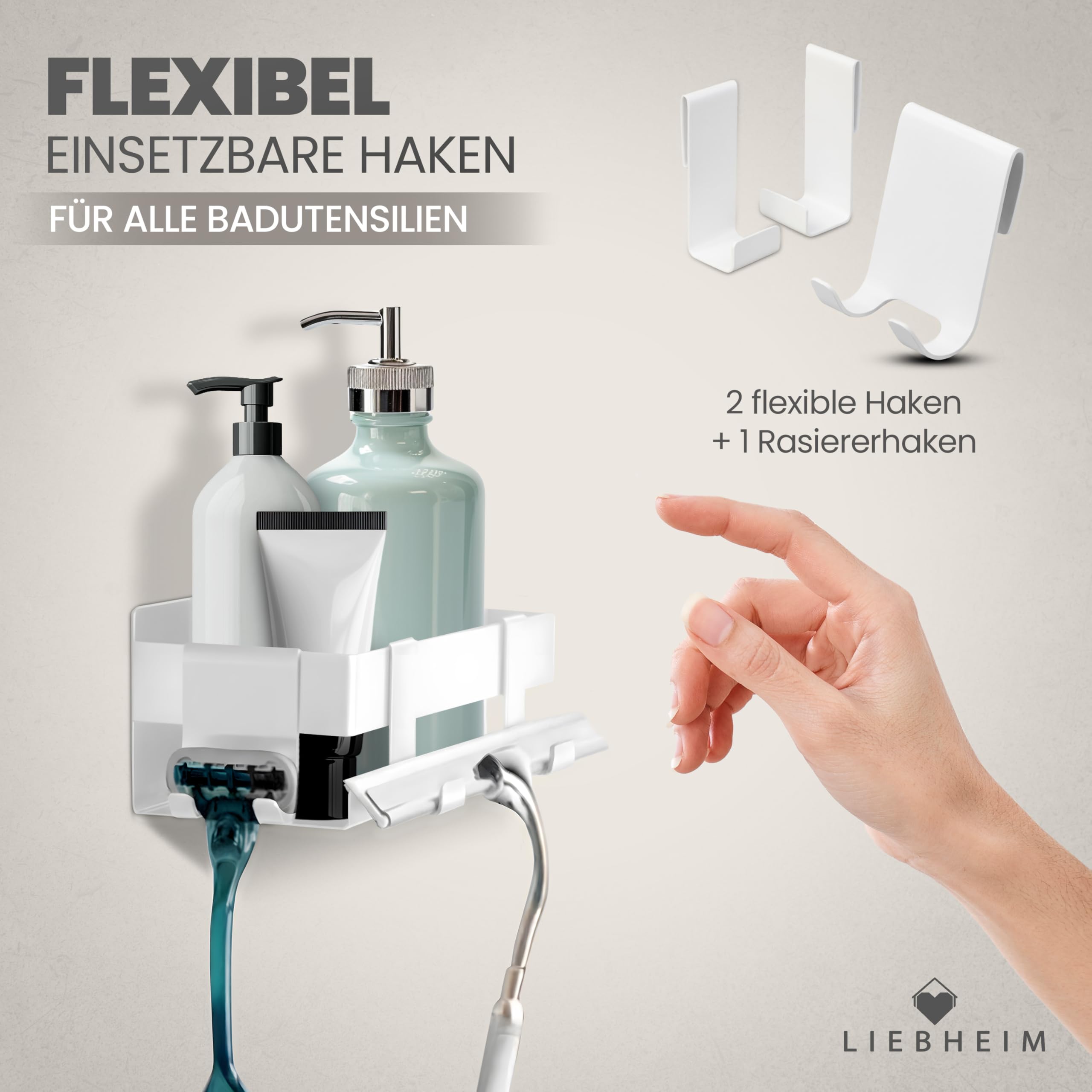 Duschablage Ohne Bohren - Badregal - Duschkorb - Bad Organizer | Massiv - silber gebürstet - 22 cm x 9 cm - 2 Klebevarianten für Nass- und Trockenbereich
