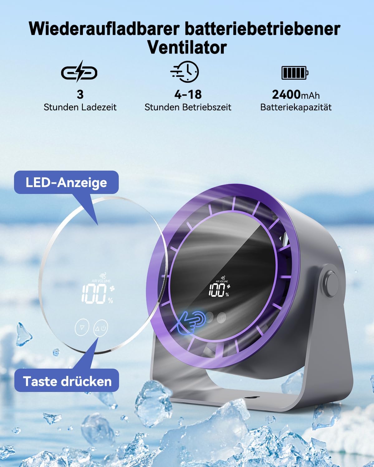 Leiser Turbo Tischventilator mit Digitalem LED-Display, 100-stufig einstellbar & 360° neigbar - 3600mAh USB-wiederaufladbar - Ideal für Büro, Schlafzimmer, Zuhause & Outdoor