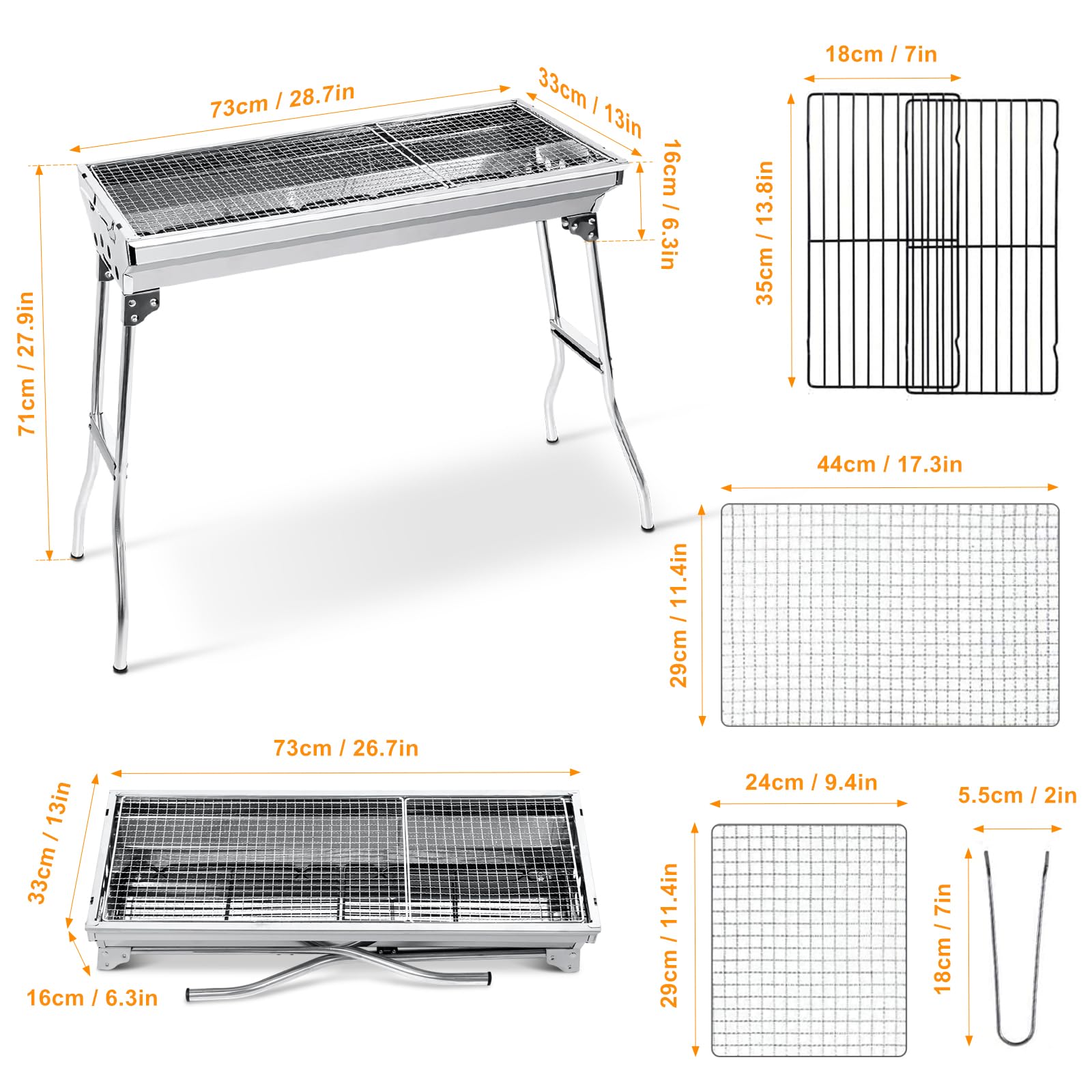 Holzkohlegrill Picknickgrill Edelstahl Kleiner Grill Portabler Campinggrill Abnehmbare BBQ Grills für Outdoor Garten Party