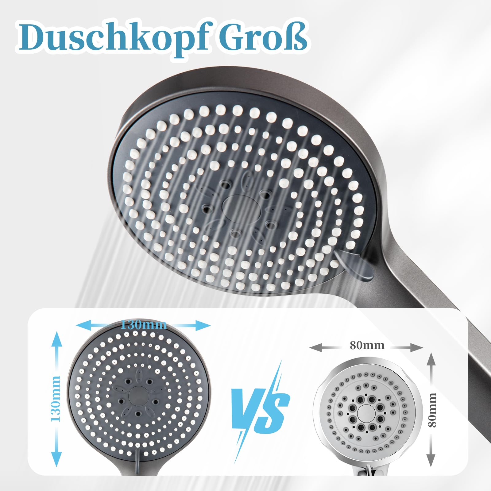 Duschkopf Groß xxl mit 6 Strahlarten, Duschbrause für Duschkopf Wassersparend, Chrom