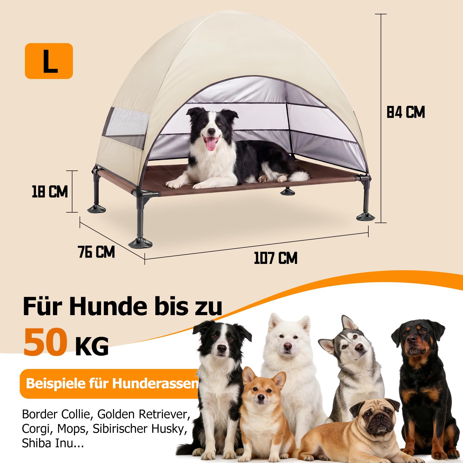 Erhöhtes Hundebett Outdoor mit UV-beständiges Dach,Hundeliege Klappbar mit Anti-Rutsch-Füßen, Hundezelt Outdoor mit Großem Schatten, Kühlendes ErhöHtes Hunde Bett für Camping, Garten & Pool (Grau, L)