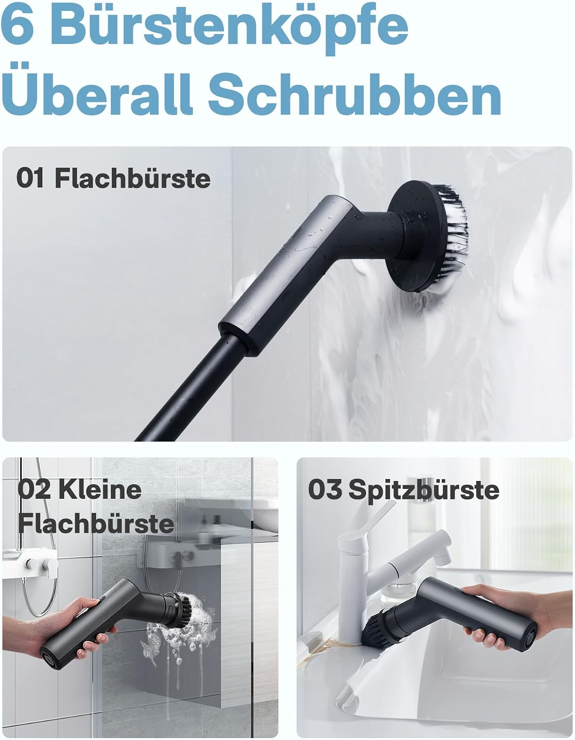 Elektrische Reinigungsbürste, IPX7, Typ-C-Ladung Putzbürste Elektrisch | Mit Verlängerungsstiel & 6 Wechselbürstenköpfe, Reinigungsbürsten Elektrisch für Bad, Böden, Fliesen, Glas, Küche, Auto