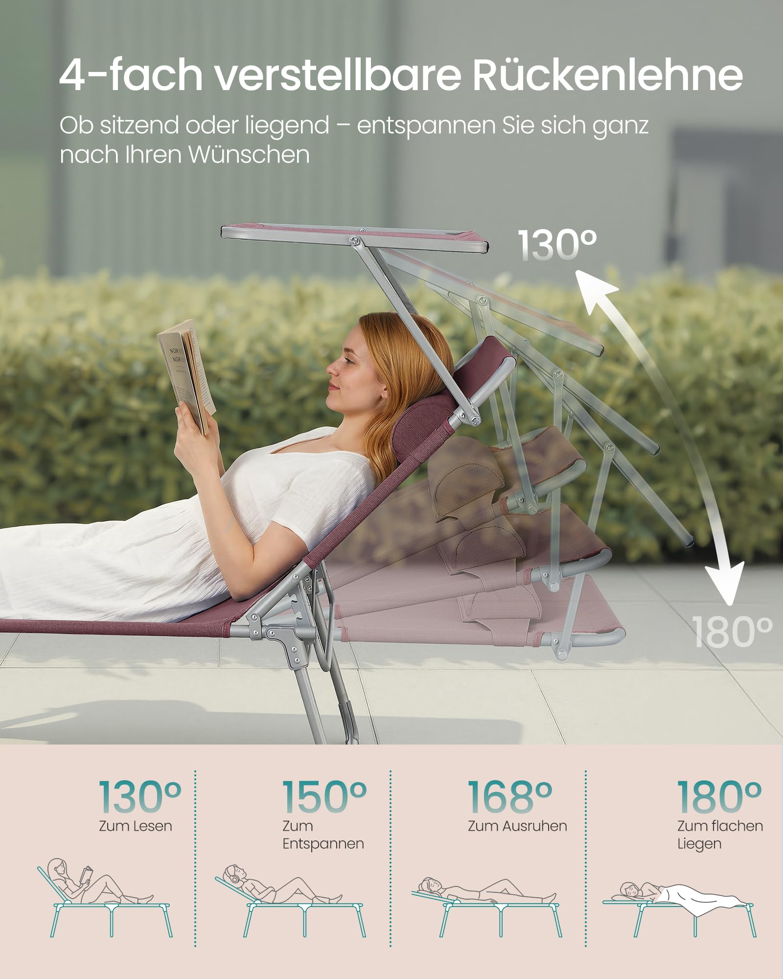 Sonnenliege, klappbarer Liegestuhl, 193 x 53 x 29 cm, trägt bis zu 150 kg, Sonnenschutz, Kopfkissen, verstellbare Rückenlehne, für Garten, Pool, Terrasse