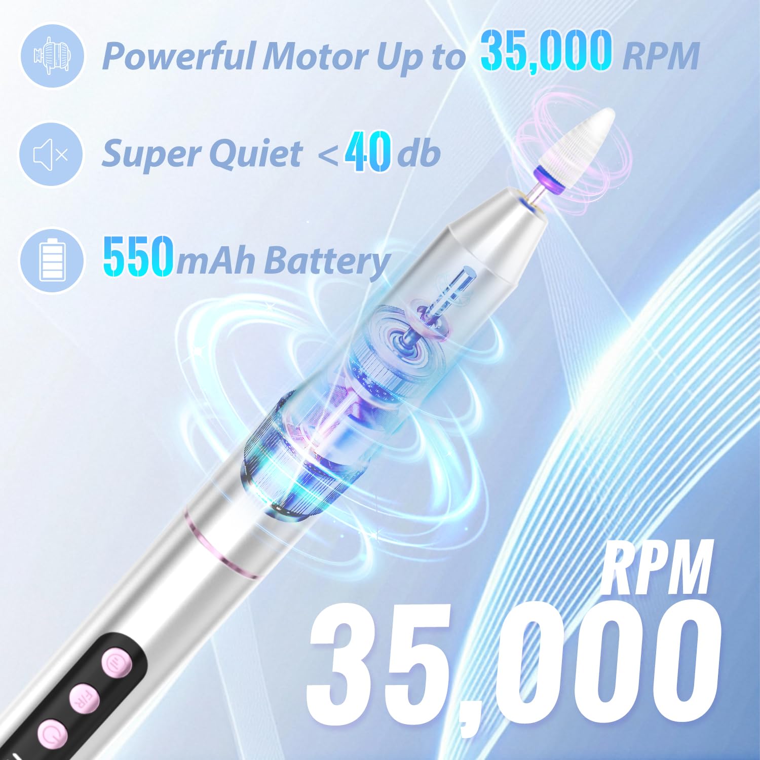 Nagelfräser Kabellos, Elektrische Nagelfeile Professionelle 2 in 1 Fräser für Gelnägel Acrylnägel mit Nagel UV LED Lampe, Maniküre und Pediküre Set Nail Drill 35000 U/Min Schwarz