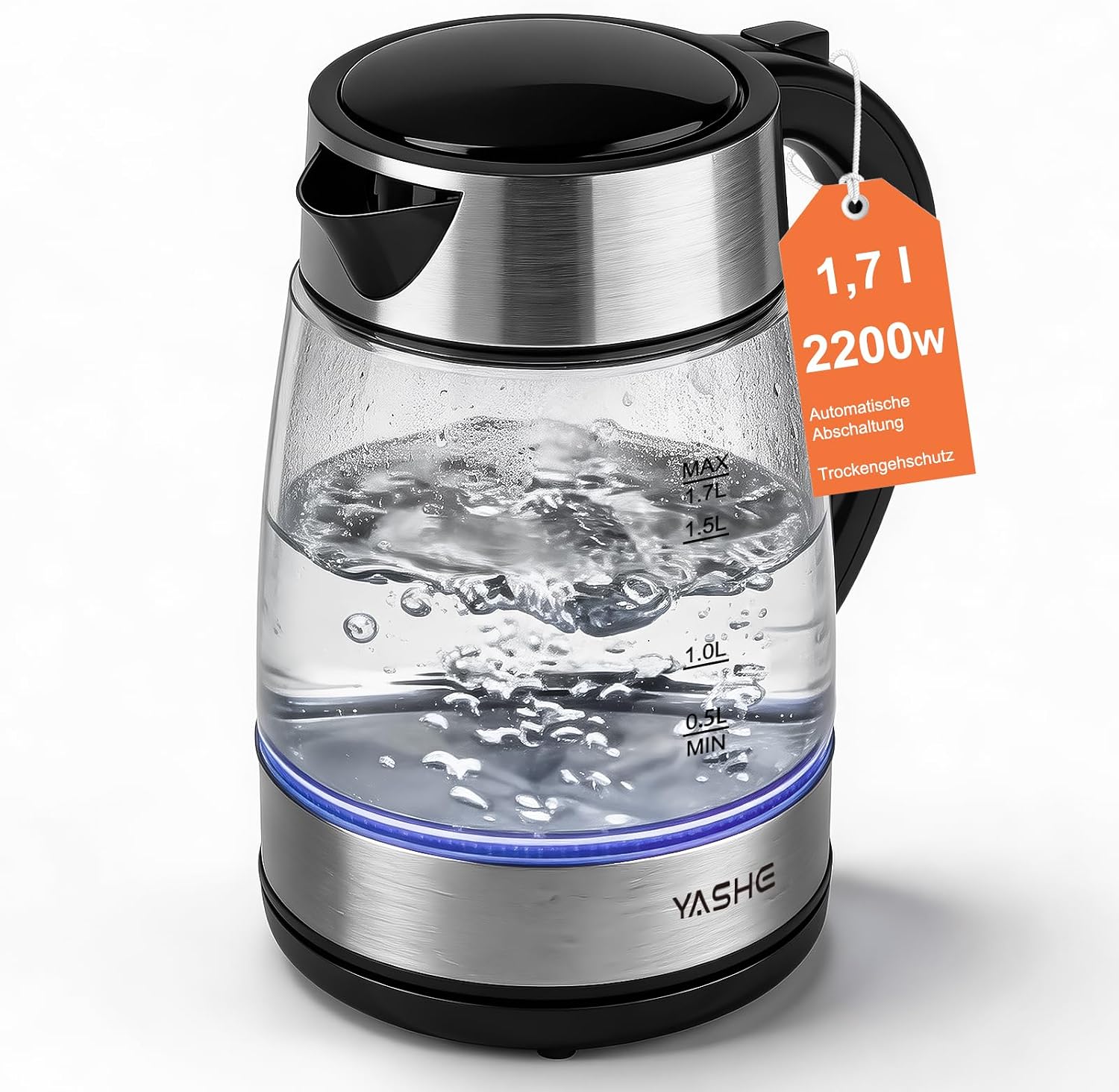 Wasserkocher mit Temperatureinstellung 1,7L 2200W Glas | 5 Temperaturstufen, 5 Farben LED, 30 Min Warmhaltefunktion, Kabellos, Kalkfilter, Abschaltautomatik