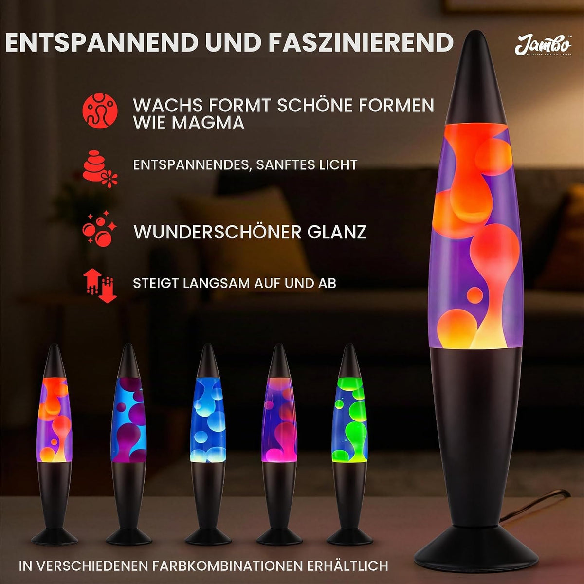 Jambo Liquid-Motion-Lampe mit schwarzem Sockel (Black Base, Purple Liquid, Yellow Wax, 16")