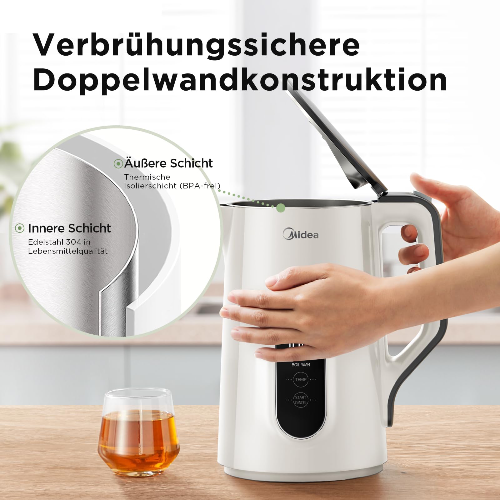 Edelstahl-Kessel mit Temperatureinstellung, 45°C - 100°C, 1,5 Liter, 2200 W Wasserkocher weiß, Teebereiter mit Temperaturanzeige und Sicherheitsfunktionen, BPA-frei, Doppelwanddesign