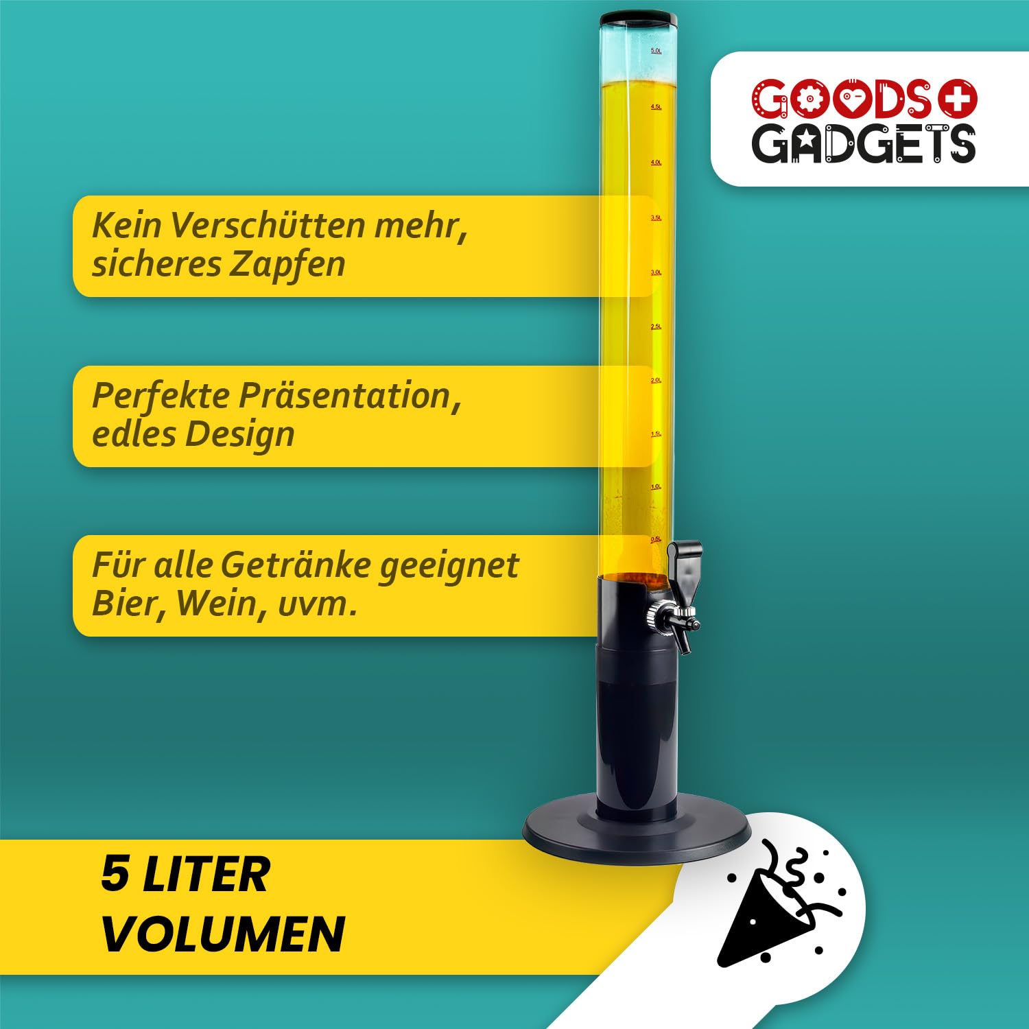 Colonne à bière XXL, tour à bière, distributeur de bière pour fêtes avec robinet (5 litres)