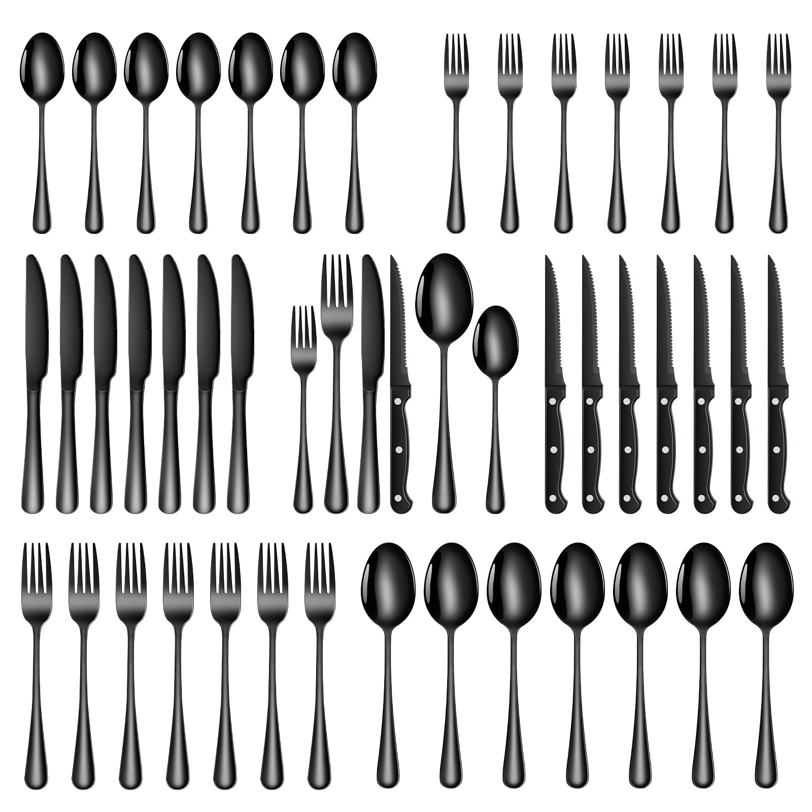 Besteck Set Schwarz für 8 Personen, 48-teiliges Edelstahlbesteckset mit Steakmesser, elegantes Besteck mit Messer, Gabel, Löffel, Besteck für Küche/Restaurant