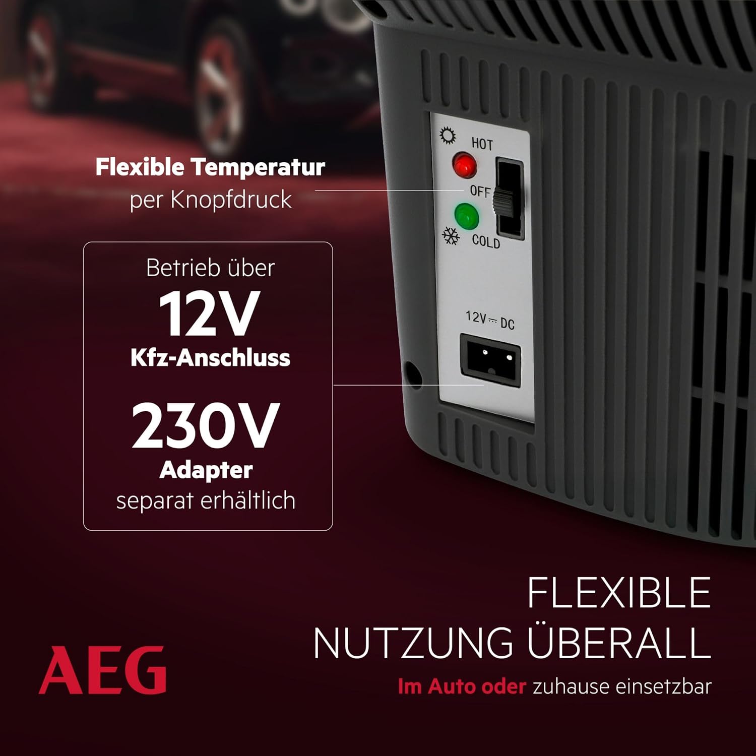 AEG Automotive Board-Bar BK 16 Thermoelektrische Kühl- und Warmhaltebox 16 Liter, 12 Volt für Auto und Steckdose, anschnallbar im PKW, Schwarz,hellgrau
