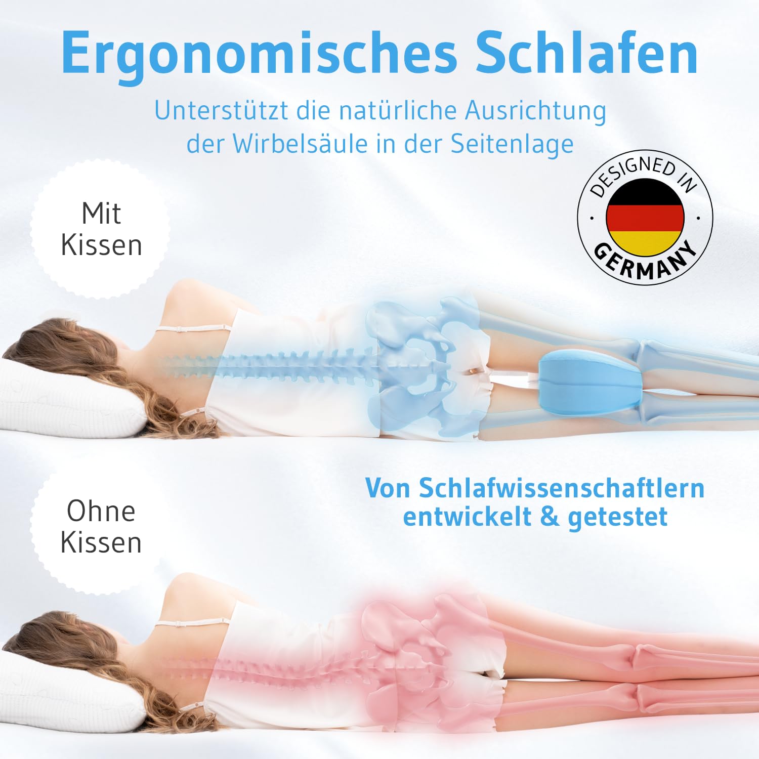 Kniekissen für Seitenschläfer, Orthopädisches Bein-Kissen für eine optimale Schlafhaltung, Ergonomisches Lagerungskissen aus viscoelastischem Memory Schaum, atmungsaktiver & waschbarer Bezug 23,5x9,5