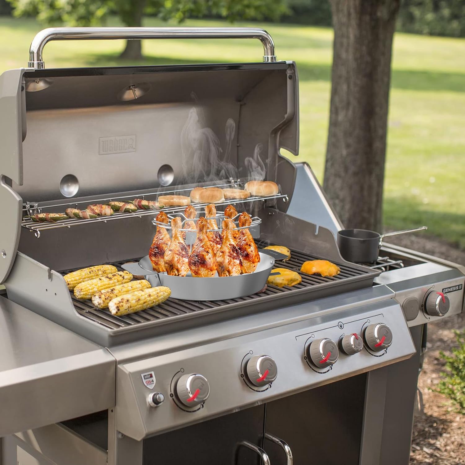 Hähnchenschenkel Halter mit Auffangschale für 12 Keulen, Edelstahl Hähnchen Ständer, Hähnchenbräter für Weber Gourmet BBQ System, Kugelgrill und Kamado Grill, Hähnchen Grill Ständer