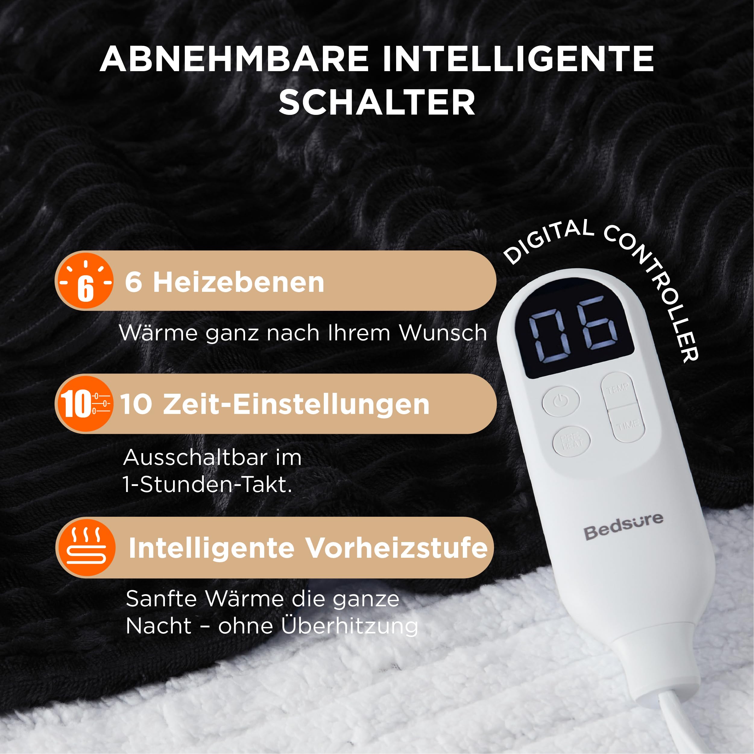 Elektrische Decke mit automatischem Abschalten - Wärmedecke mit 6 Wärmeeinstellungen und 10-Stunden-Timer, bis zu 8 Stunden Überhitzungsschutz, elektrische Kuscheldecke für Zuhause und Büro, 130 x 180 cm