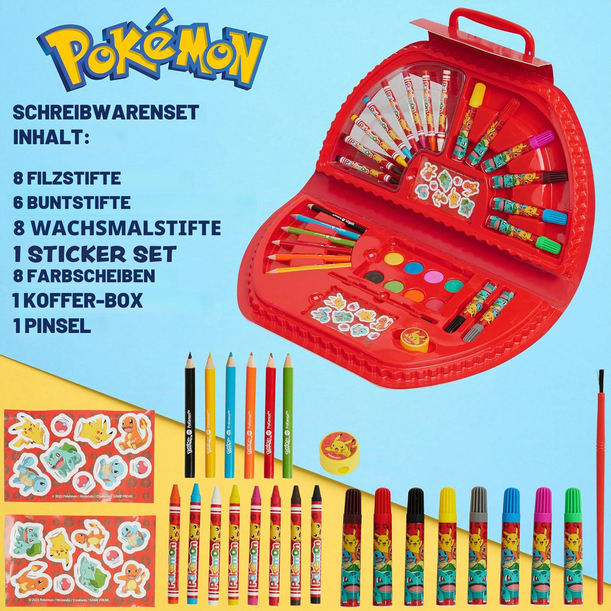 Pokemon Malkoffer Kinder Bastelset Malen Set mit Wasserfarben Filzstifte Buntstifte Wachsmalstifte Pikachu Geschenke für Kinder