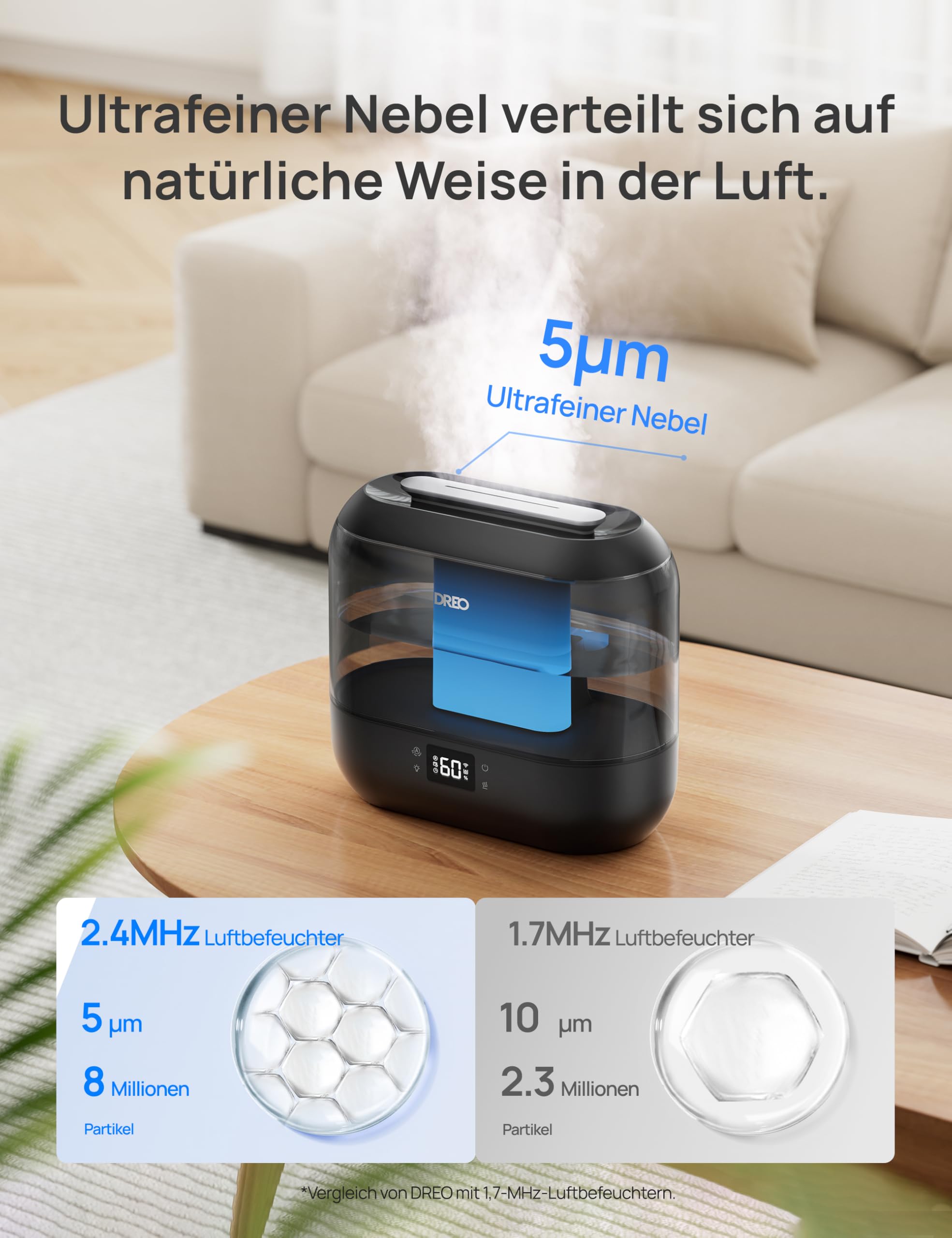 Smart Luftbefeuchter für Schlafzimmer, oben befüllbarer 4L Supergroßer Kühler Nebel Humidifier mit Öl Diffusor und Nachtlicht, 36 Stunden Laufzeit, leiser Ultraschall Luftbefeuchter Zuhause