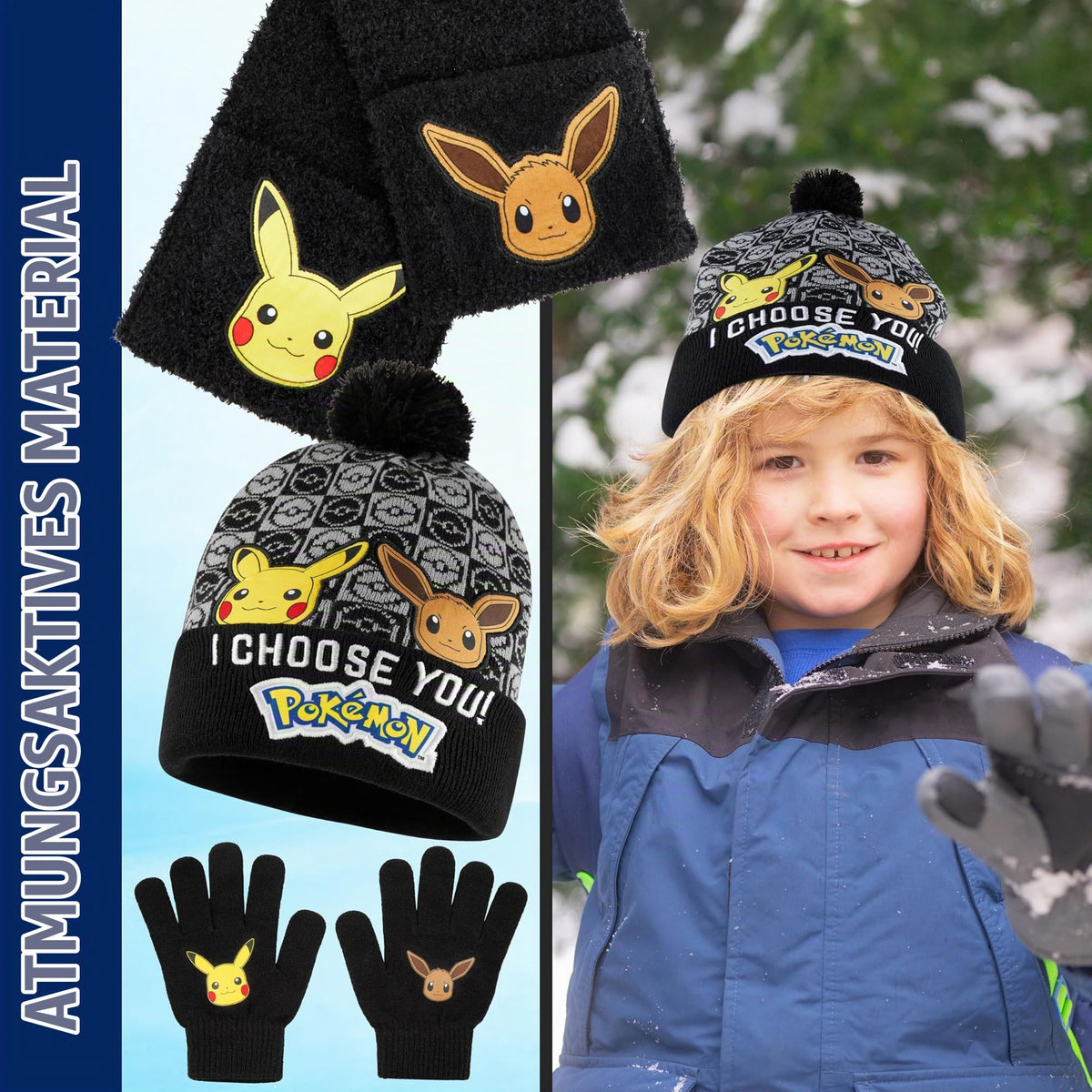 Pokemon Mütze, Schal & Handschuhe Jungen 4-12 Jahre, 3 Stück Warme Kinder Winter Set für kalte Tage, Anime Geschenke für Jungen