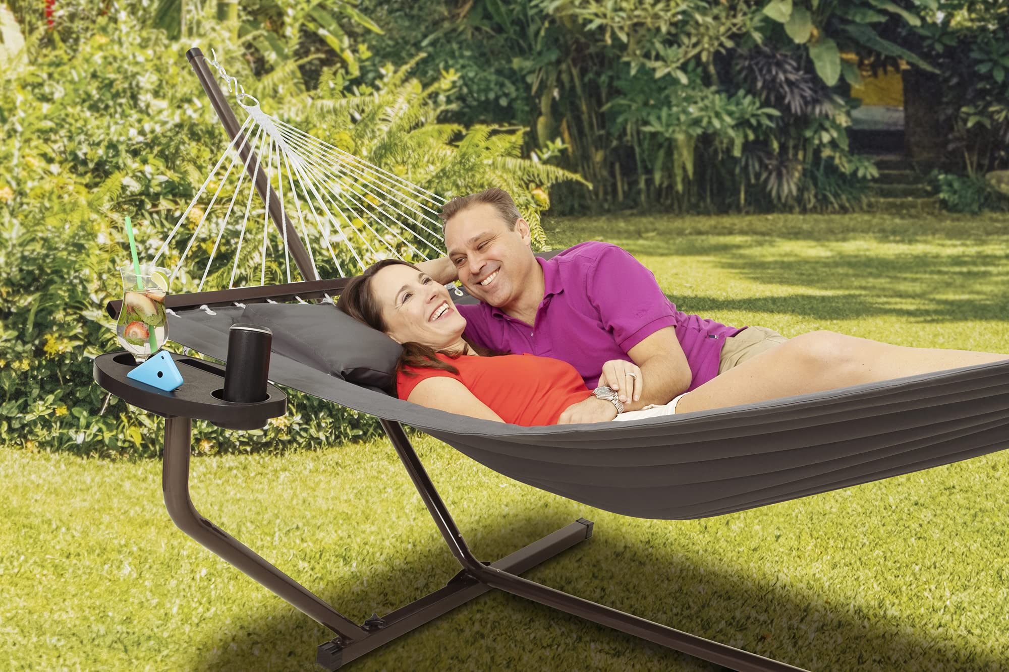 Hängematte mit Gestell und Tisch - Hängematte Outdoor für den Garten, Pool & Balkon - Großzügige Hängematten 2 Personen - Doppelhängematte mit Ständer und Beistelltisch - 200 kg Belastbarkeit