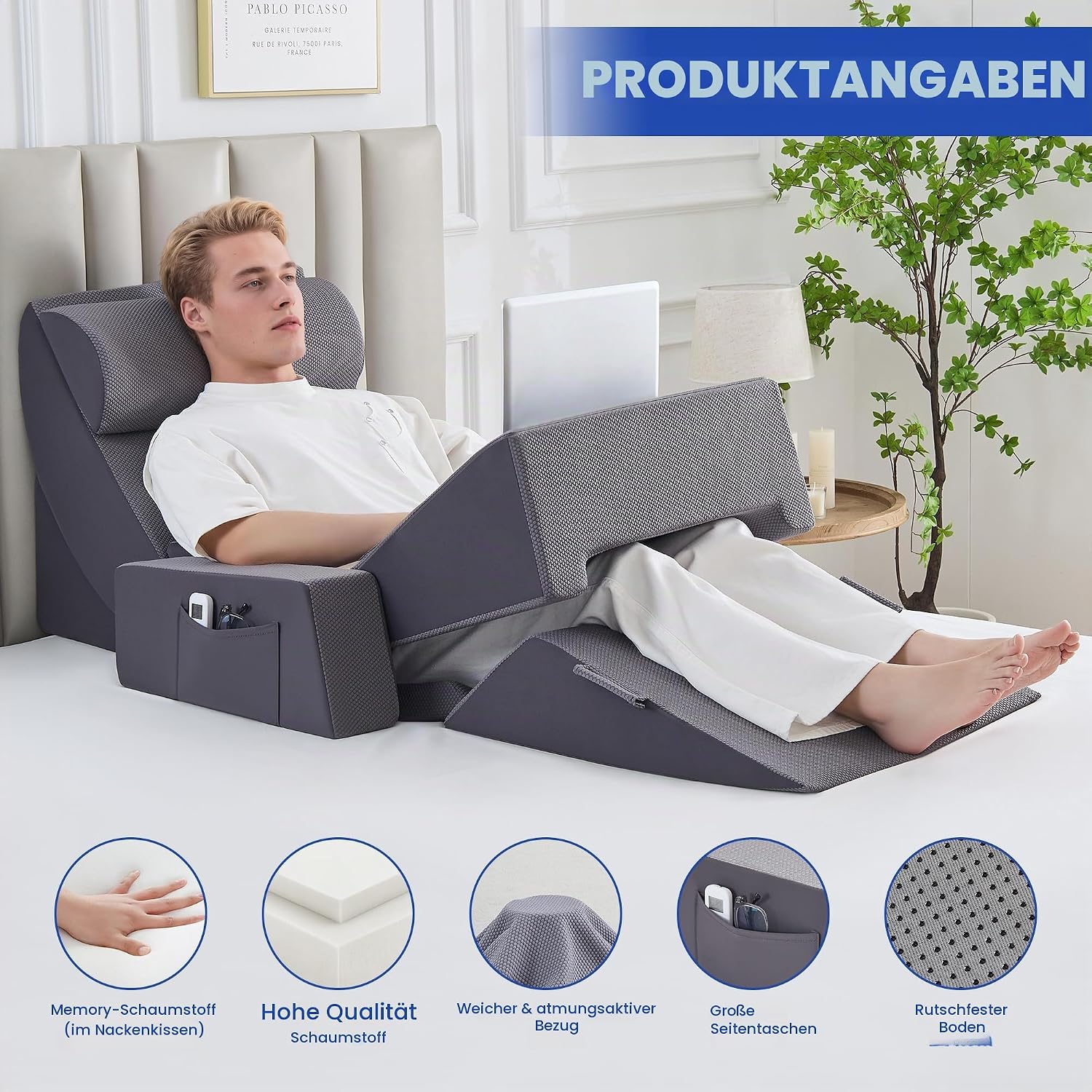 9PCS Orthopädische Bett Keil Kissen Set,Post Chirurgie Schaum Kissen für Körper, Rücken und Beine Schmerzlinderung,Justierbare Stützkissen mit Säure Reflux Bed Wedge Memory Foam Durchgehend dunkelgrau