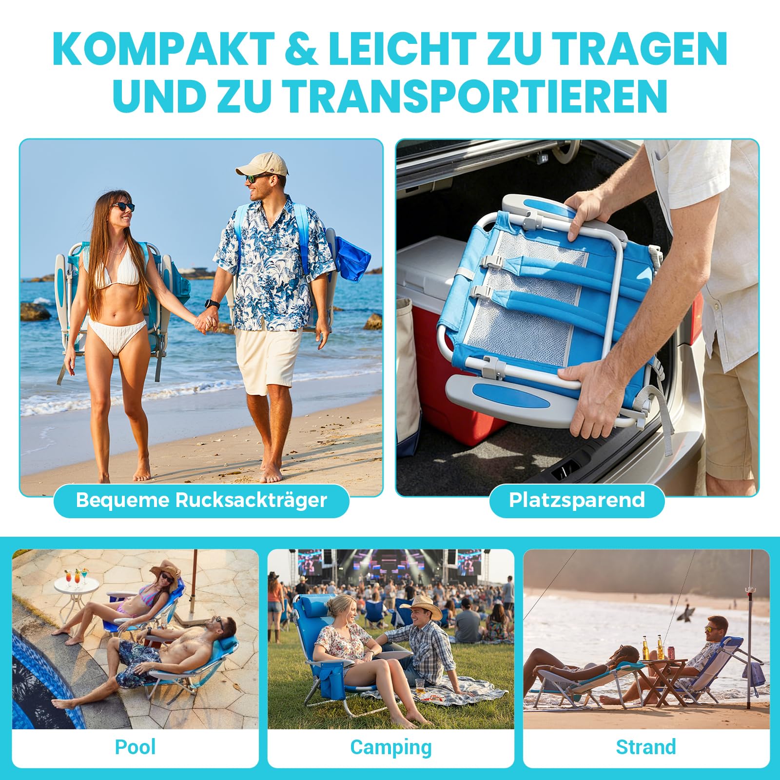 Strandstuhl klappbar Alu Hochlehner Klappstuhl 4 Position Leicht tragbar stabiler Campingstuhl