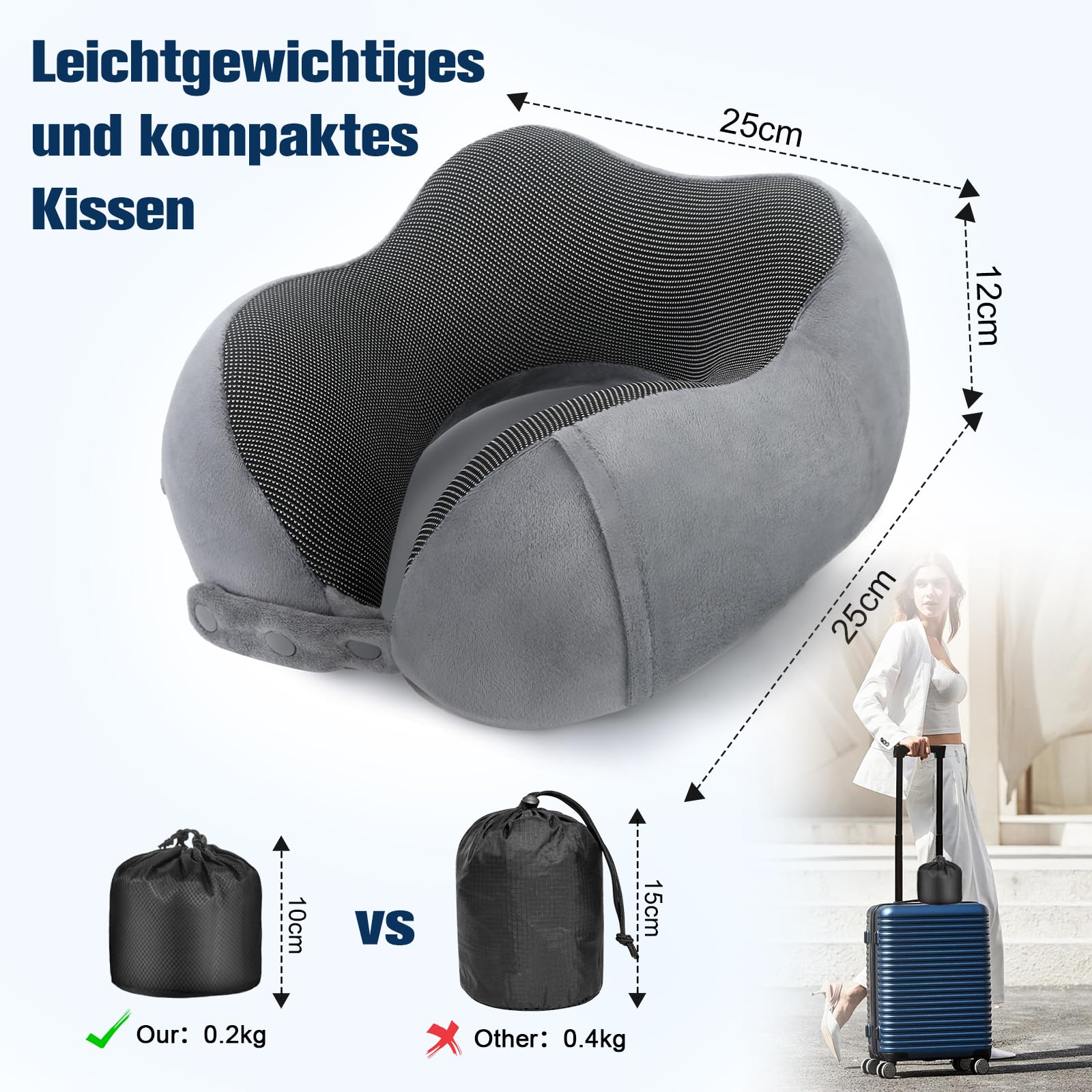 Cirorld Nackenkissen Flugzeug, Nackenhörnchen Erwachsene, Reisekissen Memory Foam, Verstellbares Kompaktes Nackenkissen Reise, Ergonomisches Weich Atmungsaktiv mit Ohrstöpseln, Augenmaske,Tragetasche