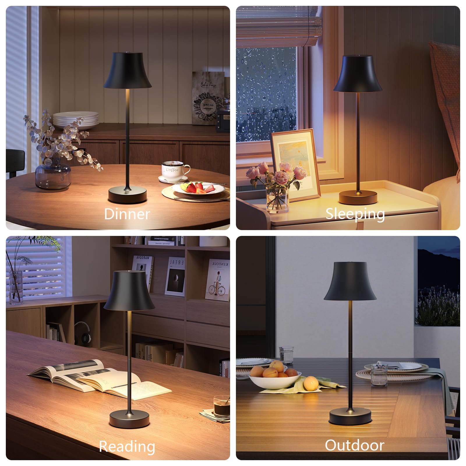 LED Tischlampe Wireless Dimmbare Nachttischlampe Touch, Batterie Tischlampe Wireless, Indoor Aussentischlampe Batterie, 3-Level Warmes Licht, IP54 Wasserdicht, Vollmetallgehäuse