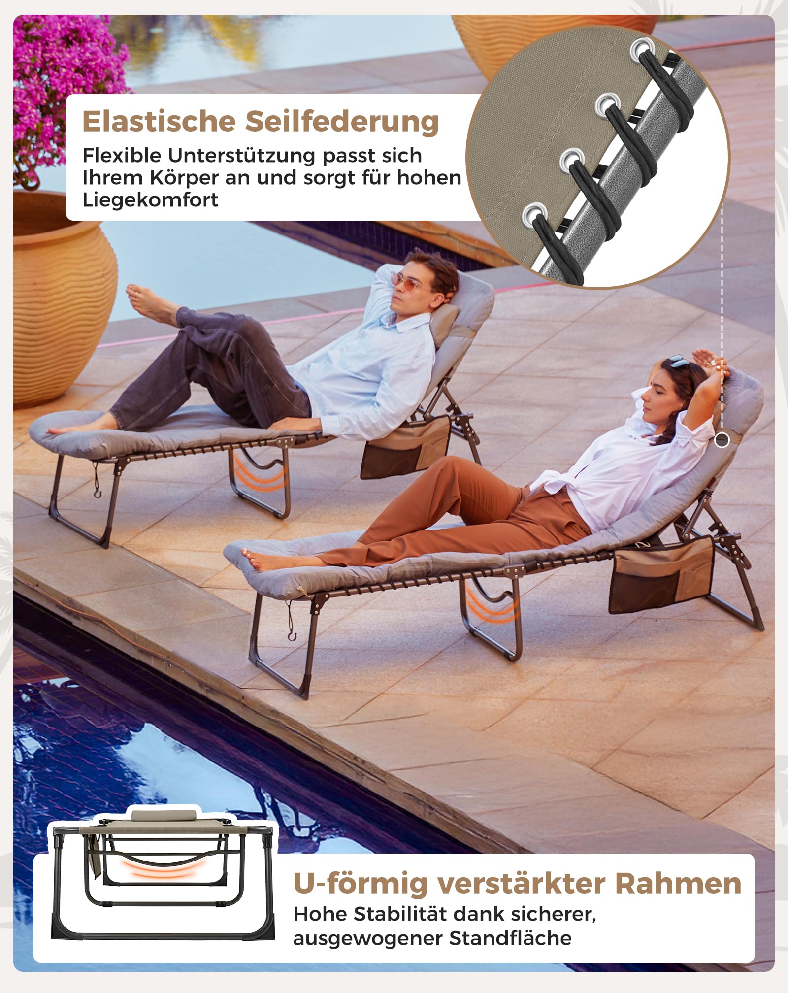 Sonnenliege Klappbar 5-Verstellbare, bis 180 kg, 2er Set, Blau | Gartenliege Klappbar, mit Kopfstütze & Seitentasche, Sonnenliege Wetterfest, Strandliege für Garten Terrasse Pool Camping