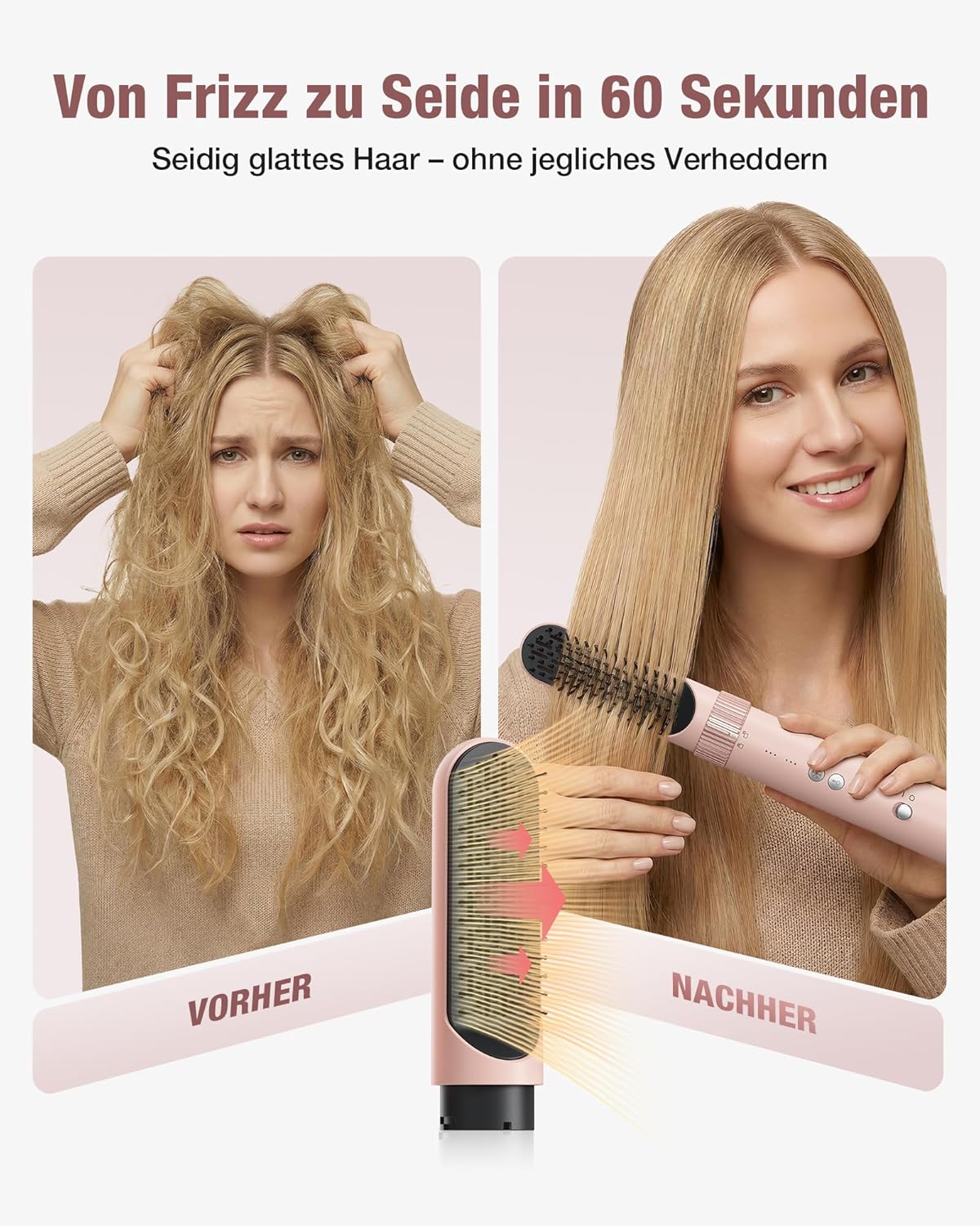 6-in-1 Hairstyler, Airstyler, Lockenstab, 110000 U/Min Hochgeschwindigkeit Lonen Föhn Locken oder Glätten, Föhnbürste Warmluftbürste Rundbürstenföhn Lockenföhn Haartrockner- Rosa