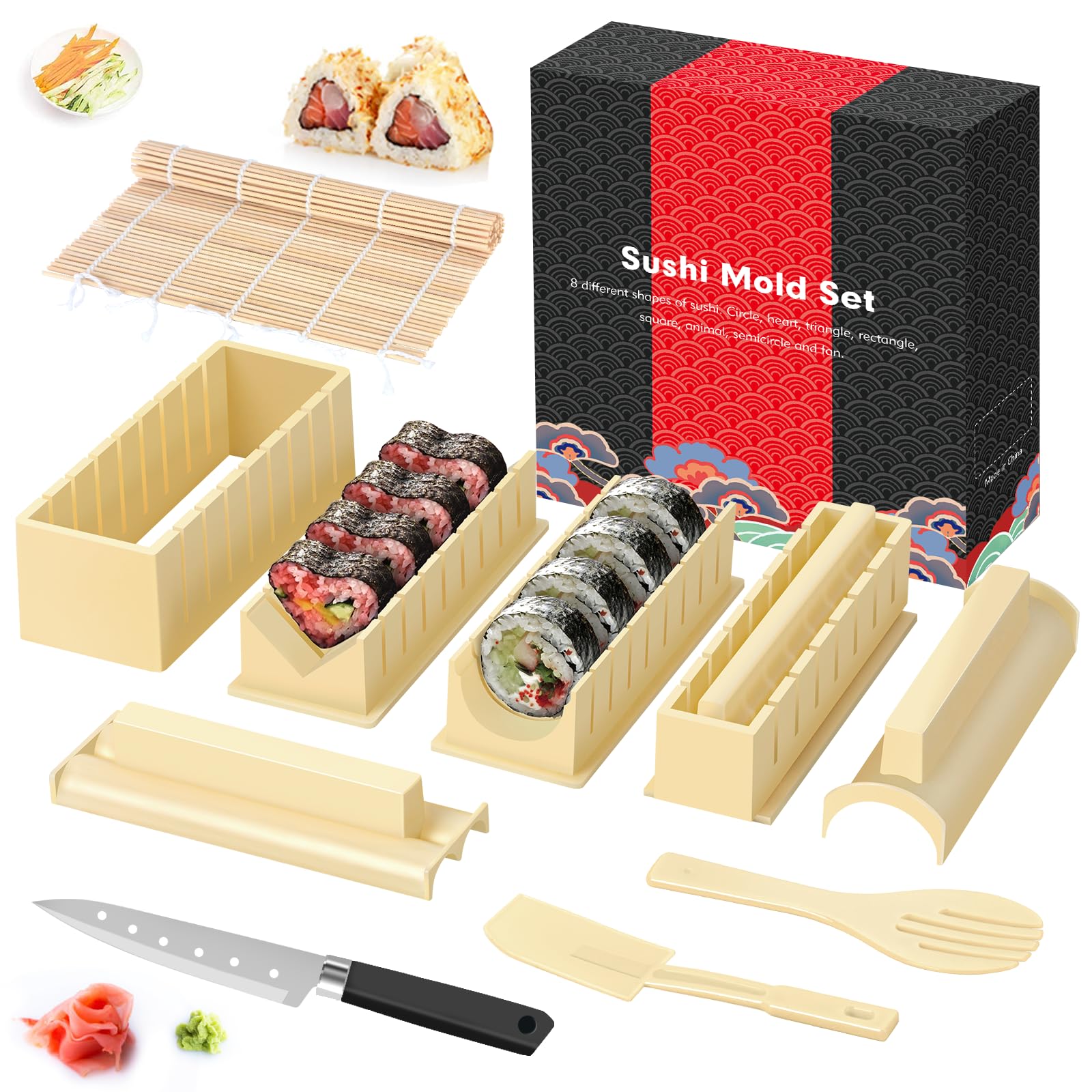 Sushi Set, 20-teiliges Kit für Anfänger, um sich selbst Sushi zu machen, Sushi-Platte mit Reisrollenformen, Gabel, Messer, Rollmatte, Sticks