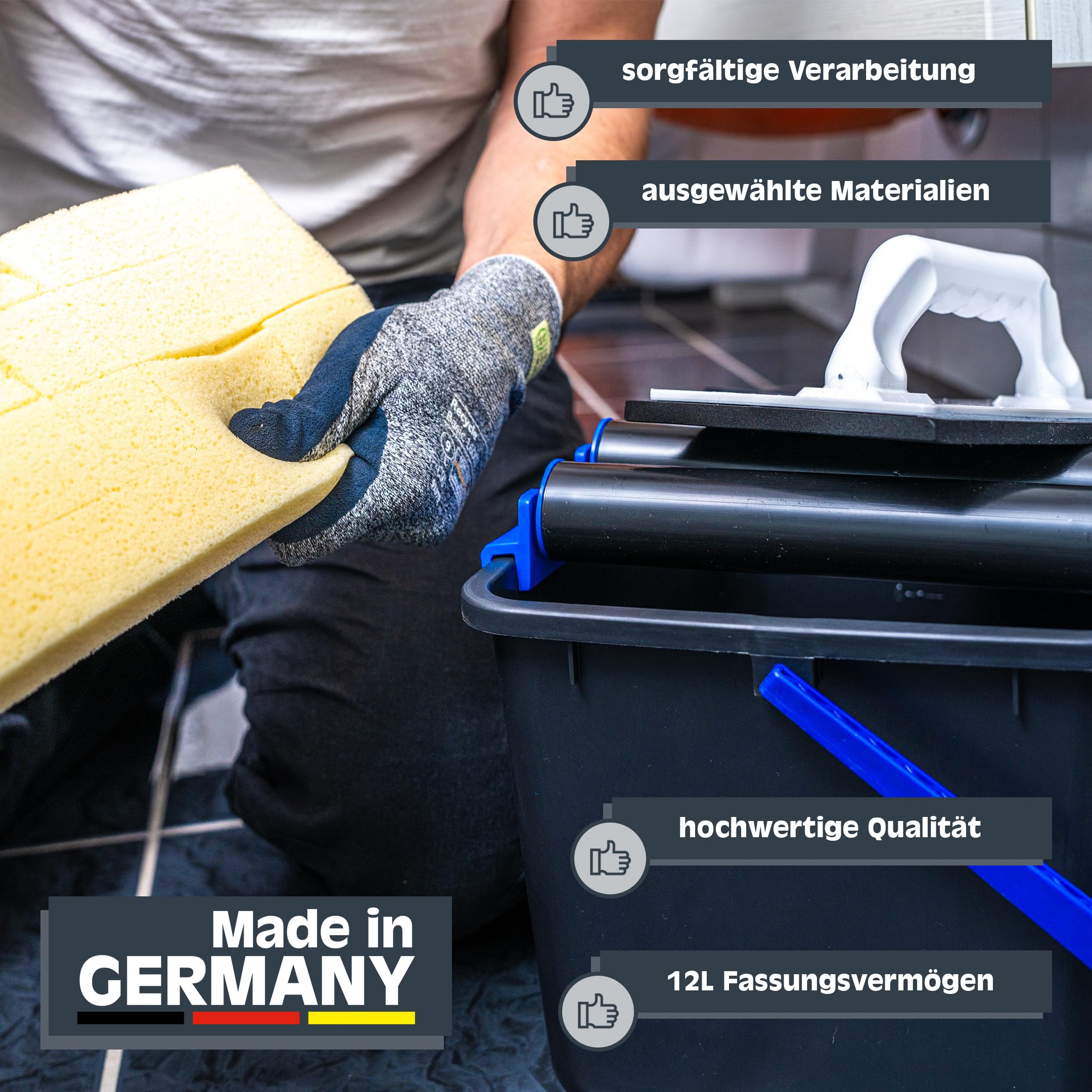 Tile washing set, 5-piece: 12-liter plastic bucket, double roller attachment, tile washing board and grouting board. Made in Germany.