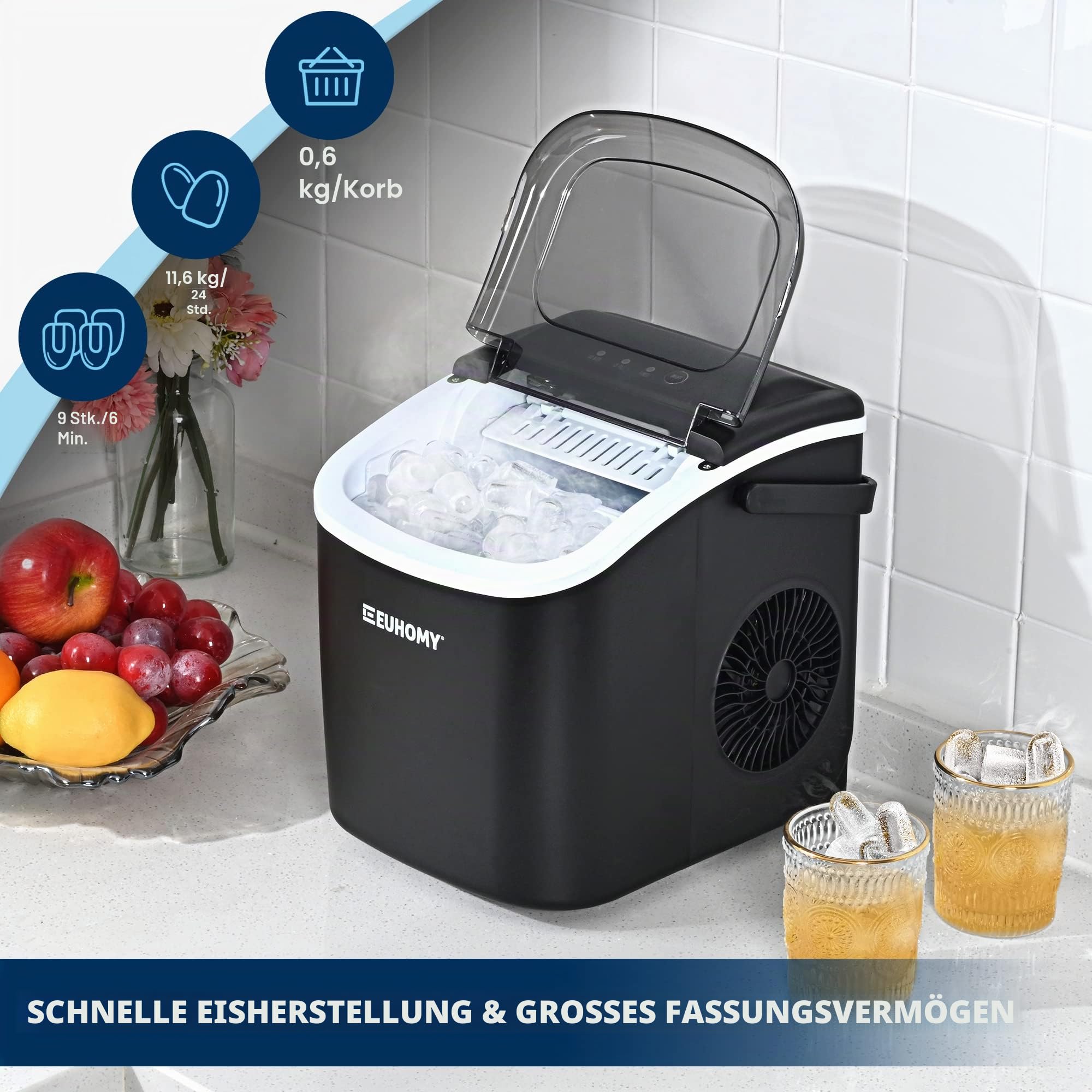 Eiswürfelmaschine Klein, 9 Eiswürfel in 6 Minuten, 12 kg/24H, Eiswürfelmaschine Edelstahl mit Tragbarem Griff, Selbstreinigender Kompakter Eiswürfelmaschinen für Zuhause/Küche/Büro/Bar