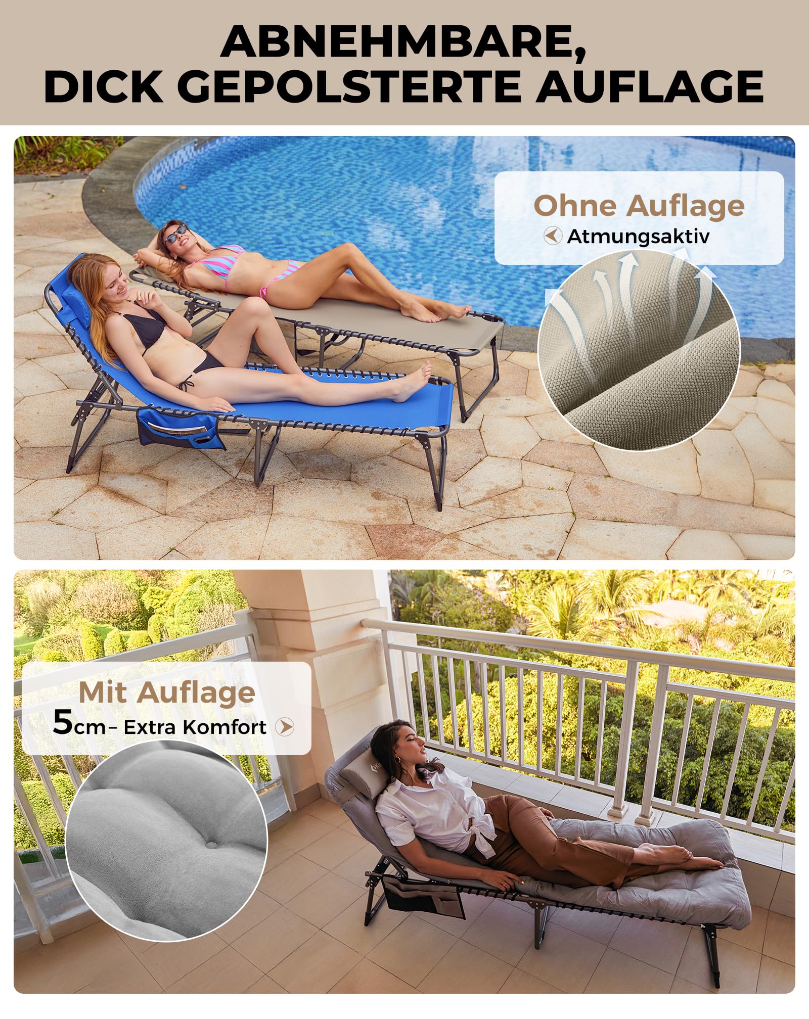 Sonnenliege Klappbar 5-Verstellbare, bis 180 kg, 2er Set, Blau | Gartenliege Klappbar, mit Kopfstütze & Seitentasche, Sonnenliege Wetterfest, Strandliege für Garten Terrasse Pool Camping