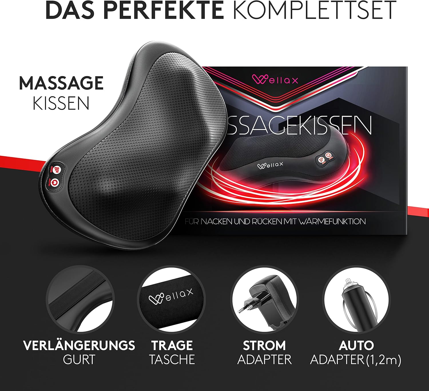 Massagekissen mit Wärmefunktion & 360° Drehung - Shiatsu Nackenmassagegerät mit 3 Geschwindigkeiten für Schultern & Rücken - inkl. Verlängerungsgurt - Neck Massager, Schwarz