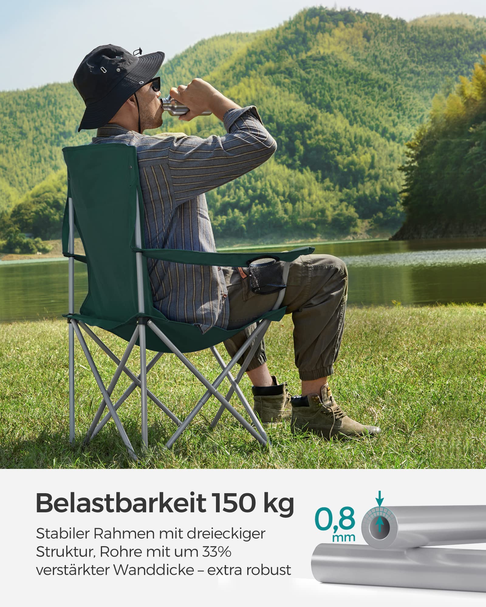 2er Set Klappstuhl Campingstuhl Bequeme Schwerlaststruktur bis 150kg belastbar mit Getränkehalter Outdoor Stuhl