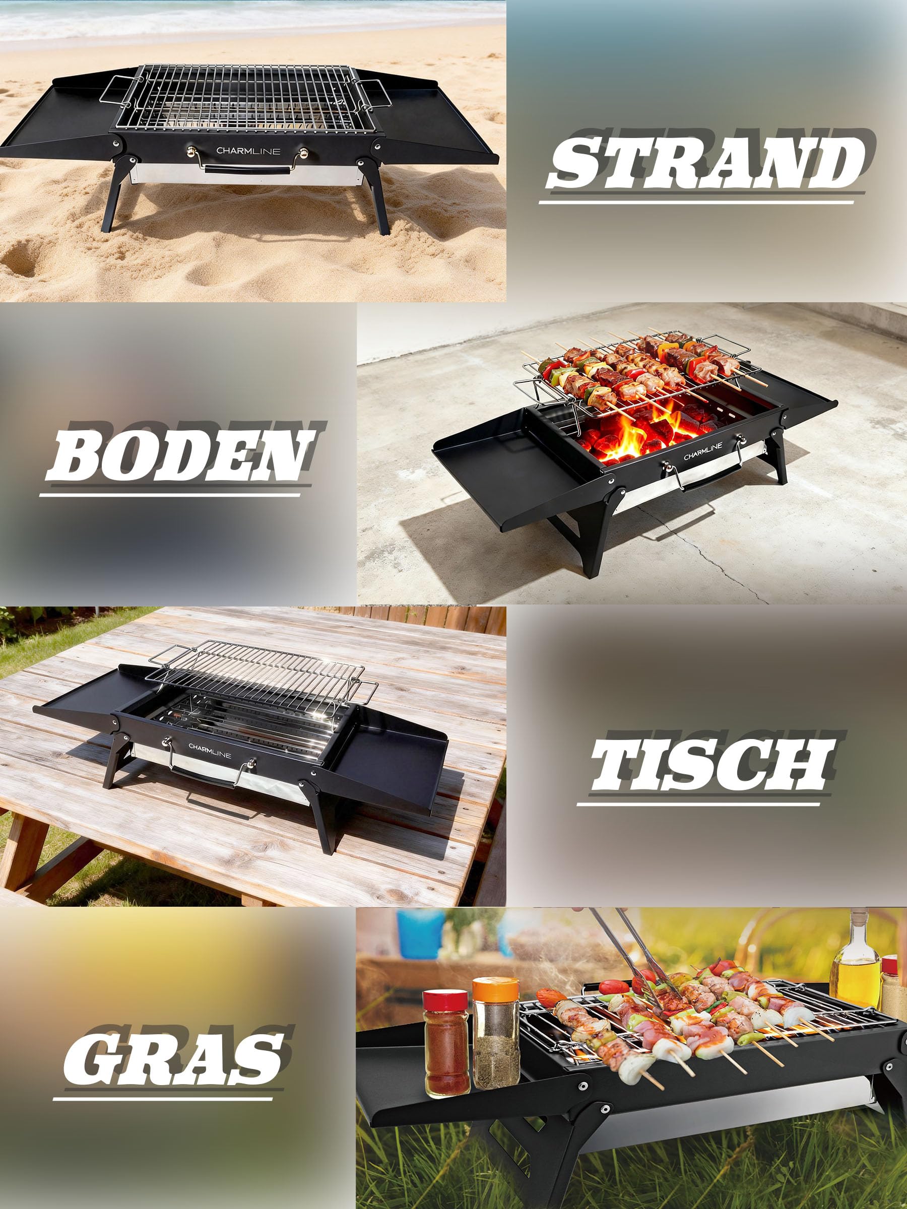 Tragbarer Holzkohlegrill, Klappbarer Campinggrill 35 x 23 cm für 1–3 Personen, Mini BBQ Grill für Balkon, Garten, Camping, Picknick und Strand