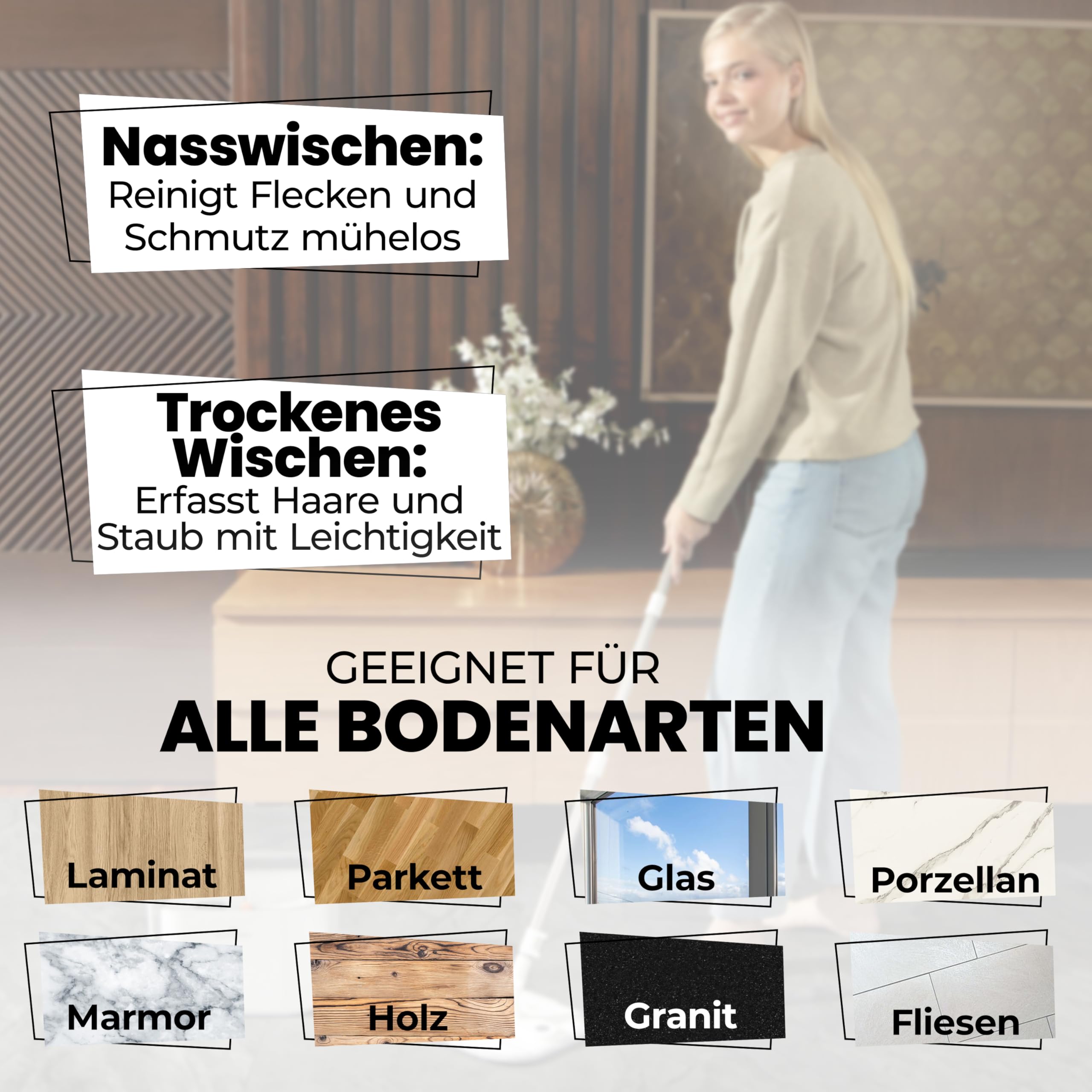 Wischmopp Set mit Eimer, 2-Kammer-System Frisch-/Schmutzwasser Trennung, selbst-auswringend, 160 cm Stiel & 2 Mikrofaser-Pads, für alle Böden, Grau