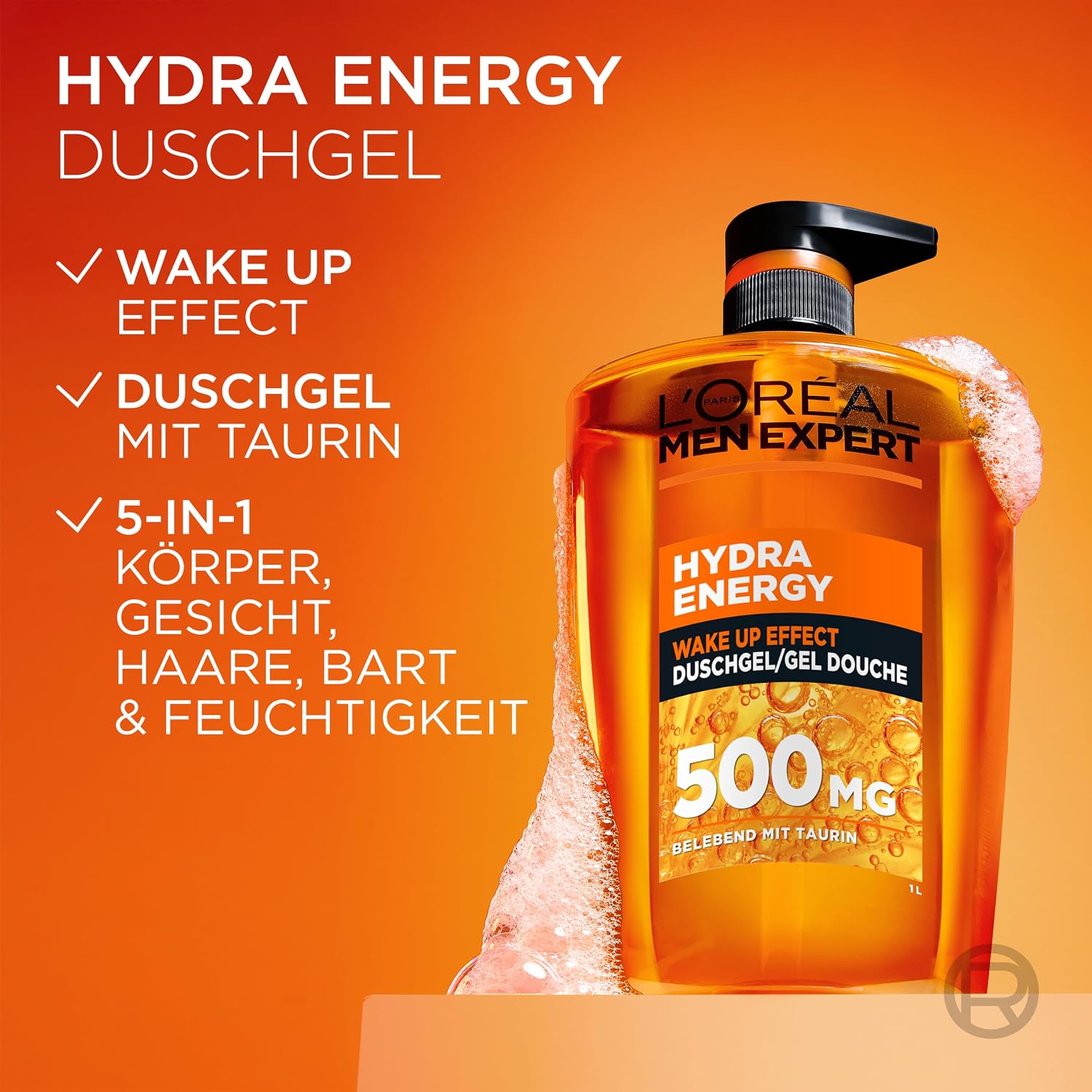 L'Oréal Men Expert 1L Duschgel und Shampoo für Männer, 3-in-1 Duschbad zur Reinigung von Körper, Haar und Gesicht, Herren Körperpflege für langanhaltende Frische mit Taurin, Hydra Energy, 1x1000 ml