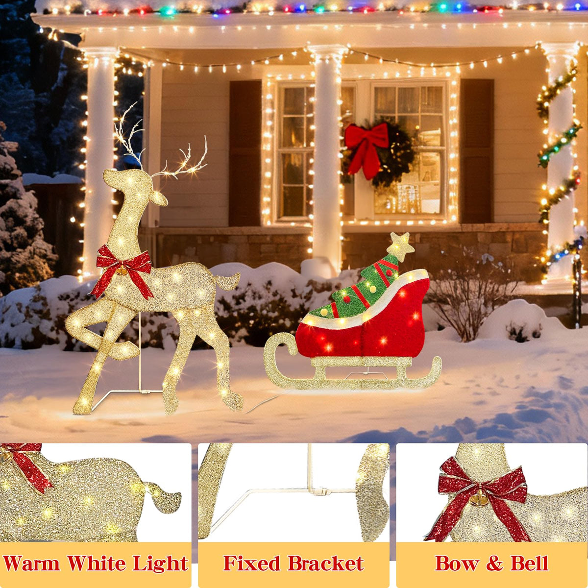 LED Rentier Metall Gold Weiß Eisen Rahmen Beleuchtet Weihnachtshirsch warm weiß Weihnachten Deko für Innen Aussen